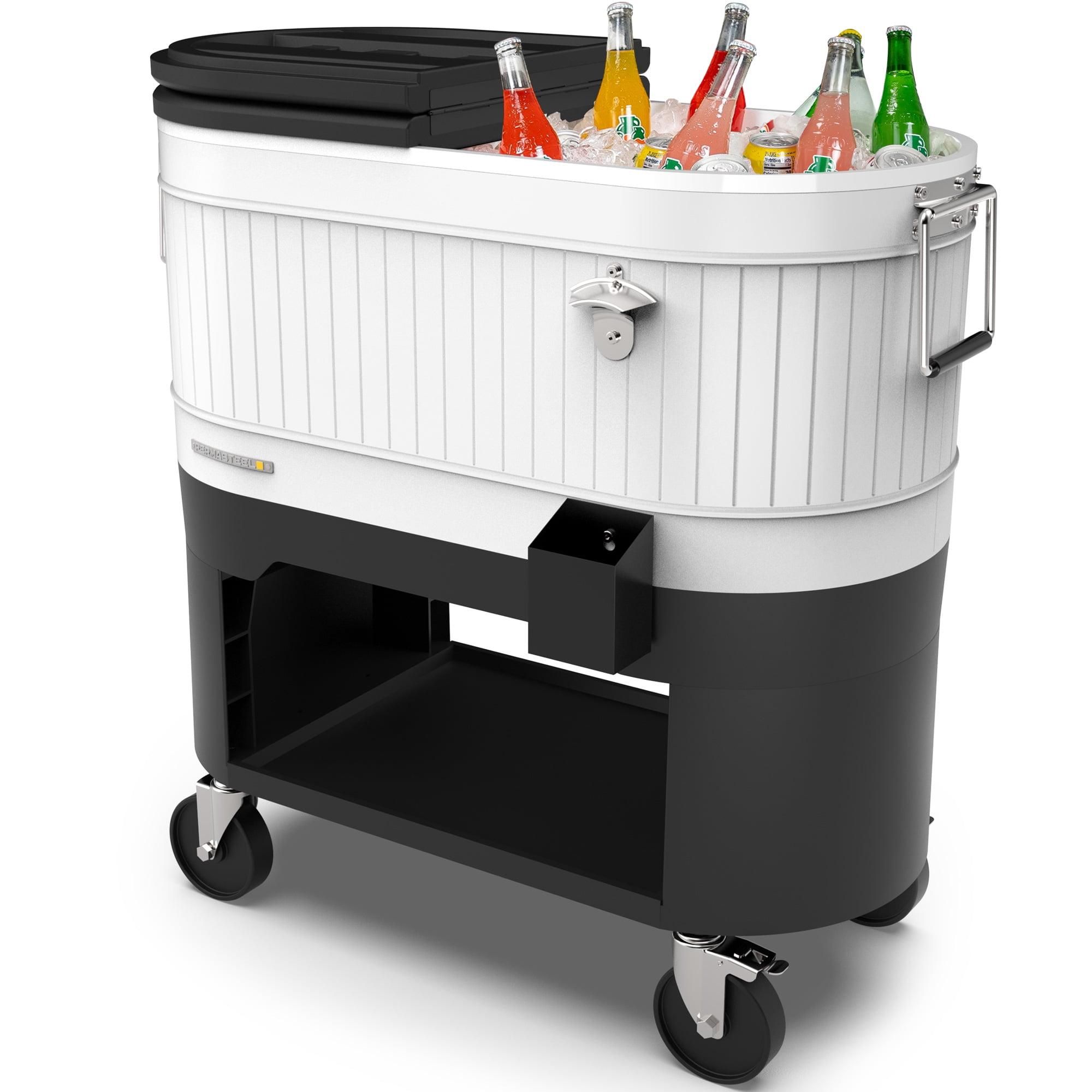 Permasteel 120-QT Outdoor Portable Patio Cooler Ice Chest with 2 Drink Dividers, Swivel Caster Wheels, Heavy-Duty Handles, White