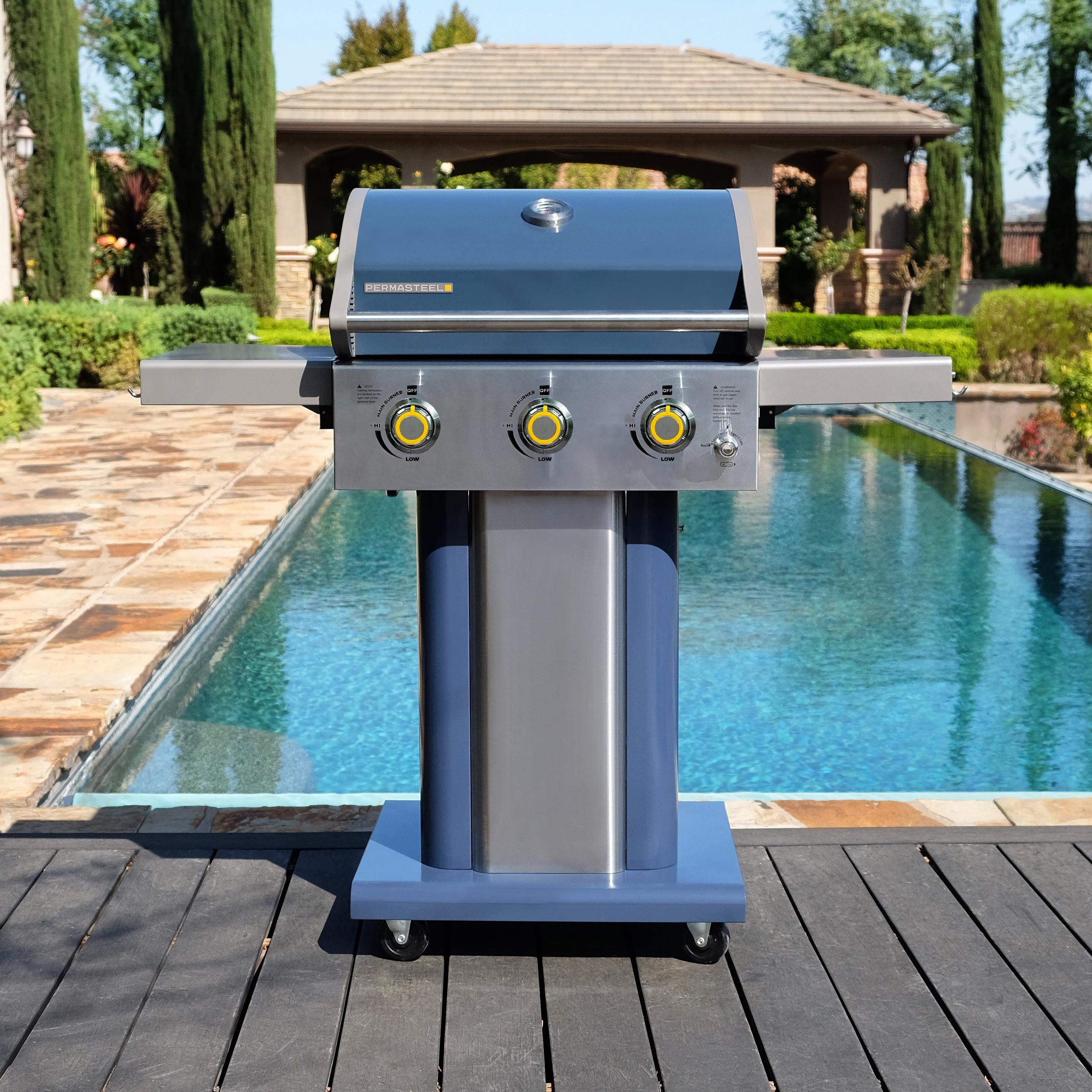 Azure Blue Compact 3-Burner Propane Gas Grill with Foldable Side Tables