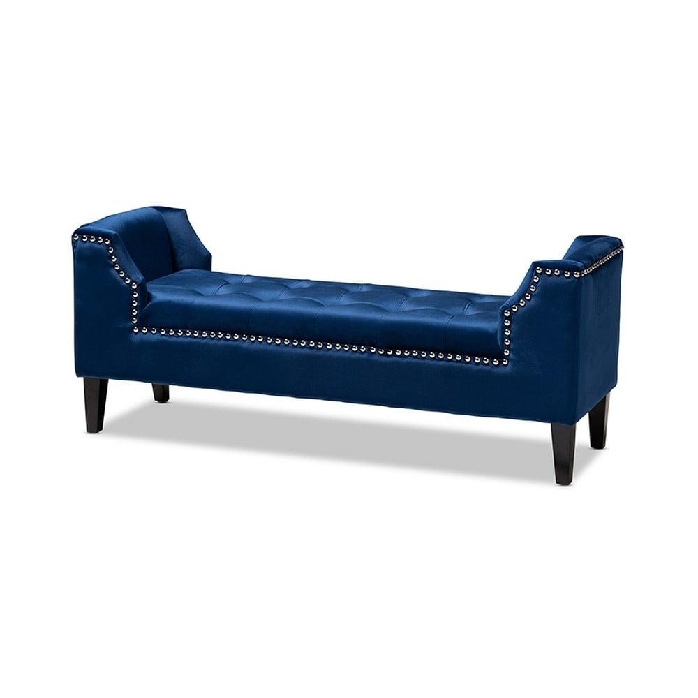 Royal Blue Velvet Upholstered Espresso Wood Bench with Nailhead Trim