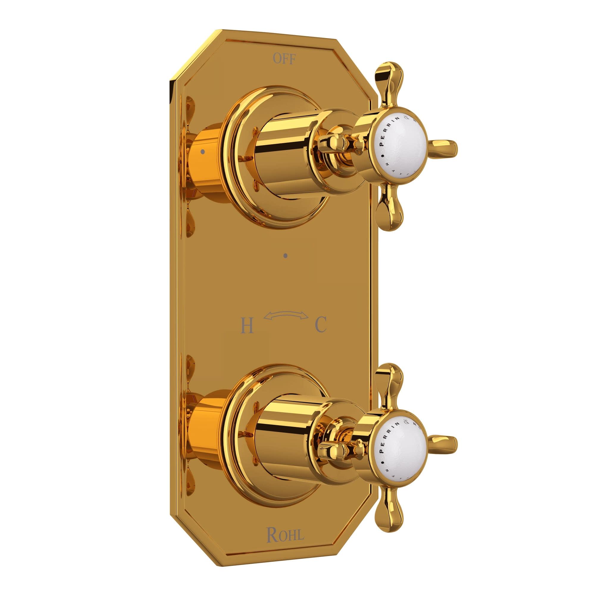 Edwardian 4" Wall-Mounted Cross Handle Thermostatic Trim, Unlacquered Brass