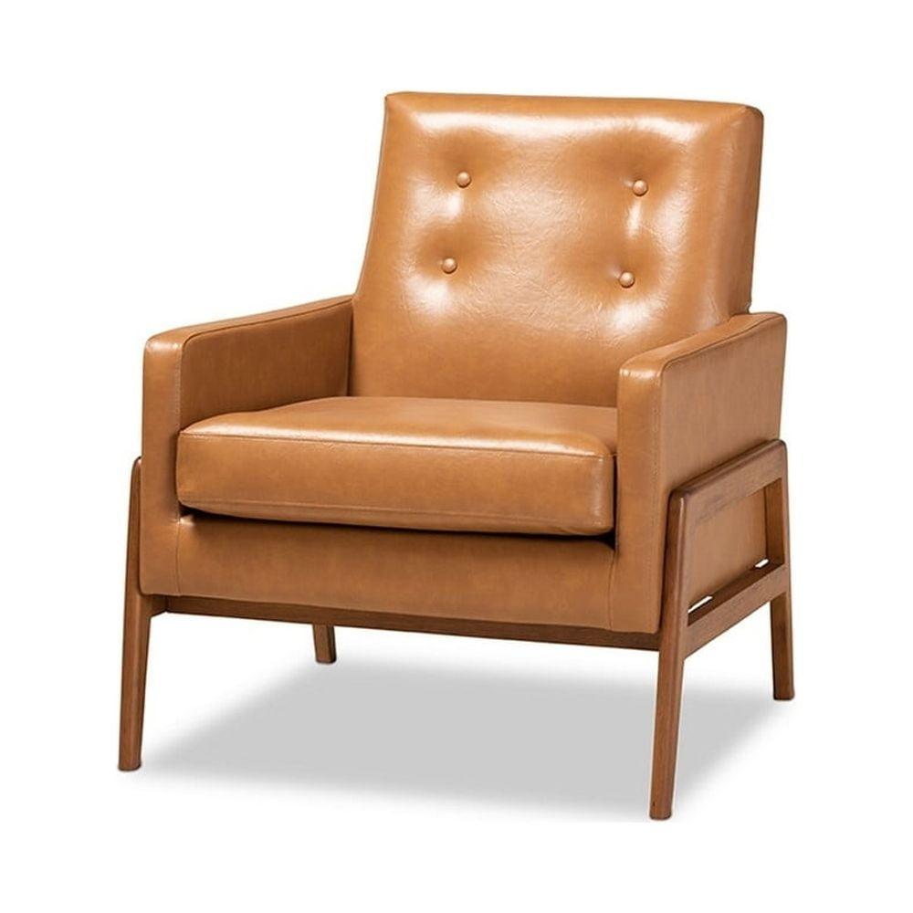 Tan Faux Leather and Walnut Brown Wood Mid-Century Lounge Chair