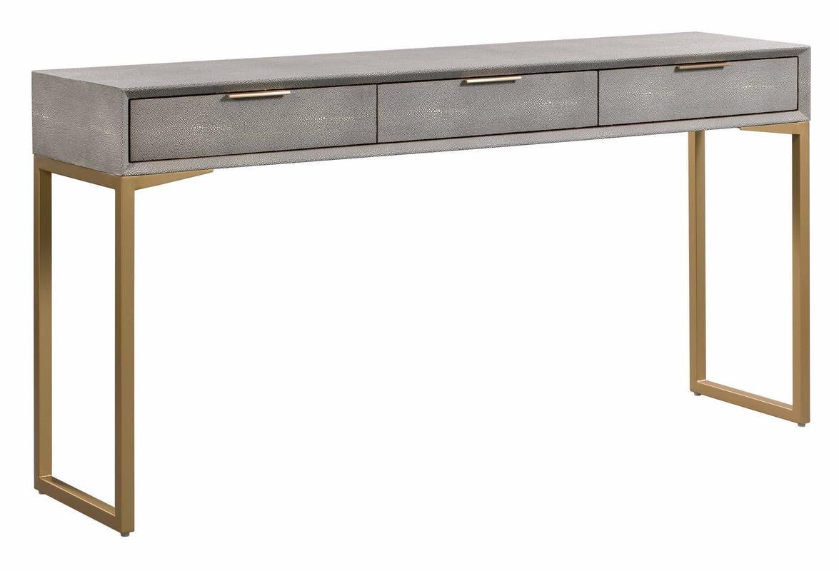 Gray Shagreen Wood and Brass Console Table with Storage