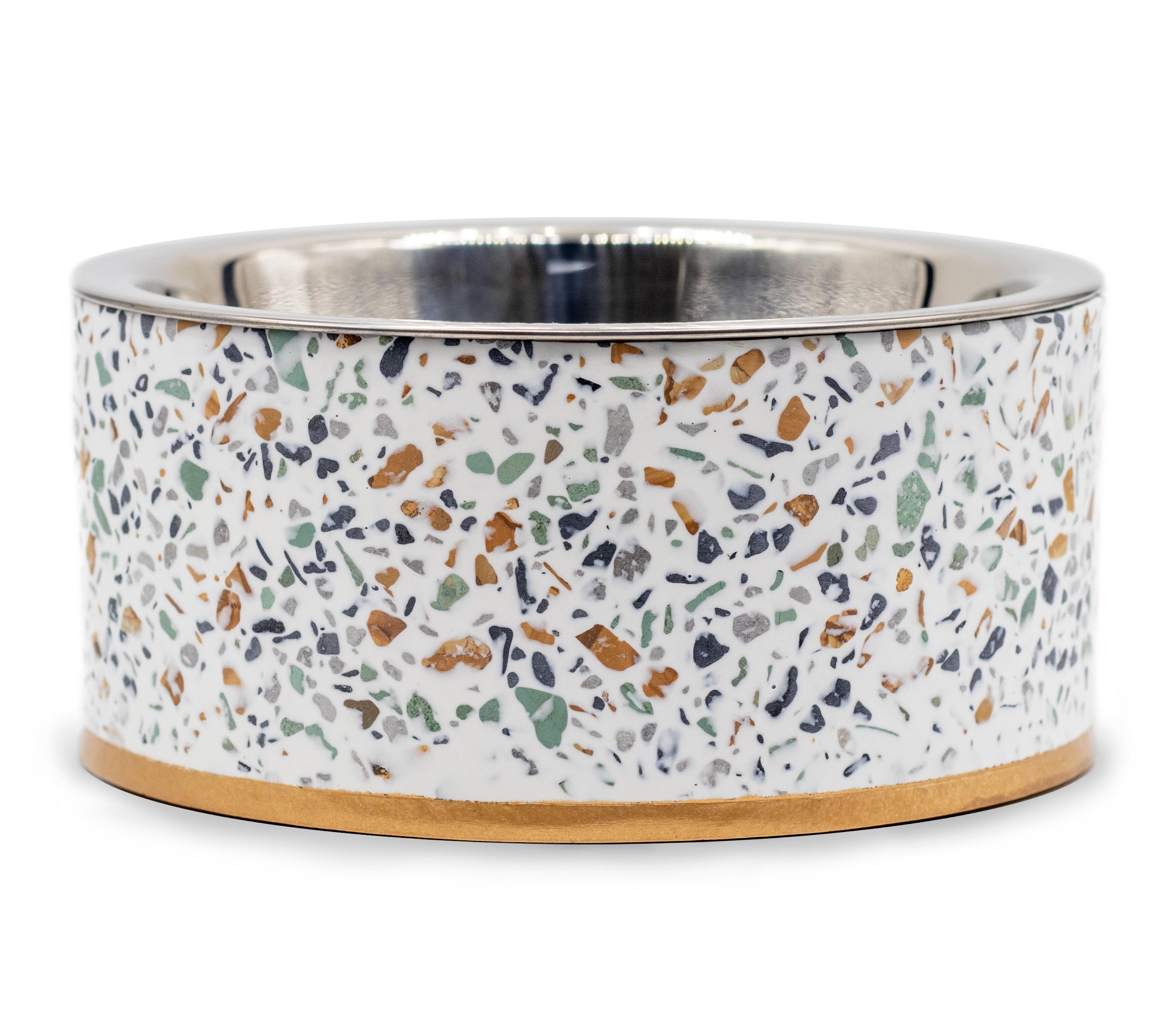 Small White Terrazzo Elevated Dog Bowl with Stainless Steel Insert