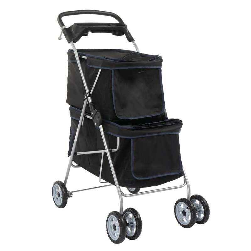 Black Double Pet Stroller with Mesh Windows and Storage