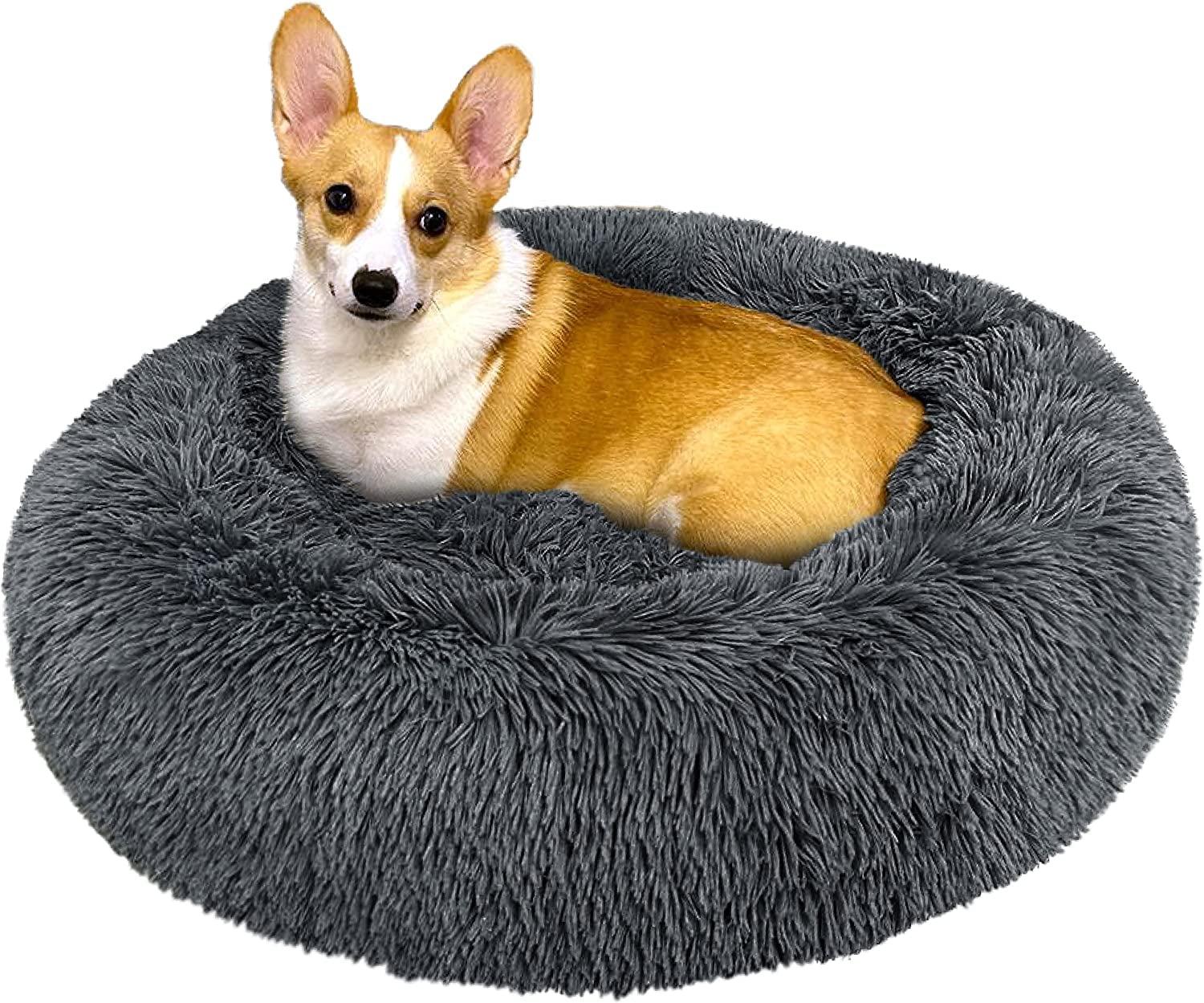 PetAmi Calming Dog Bed for Puppy Cat Kitten, Round Washable Pet Bed, Anti Anxiety Cuddler, Fluffy Plush Circular Donut Bed (Gray, Medium - 30")