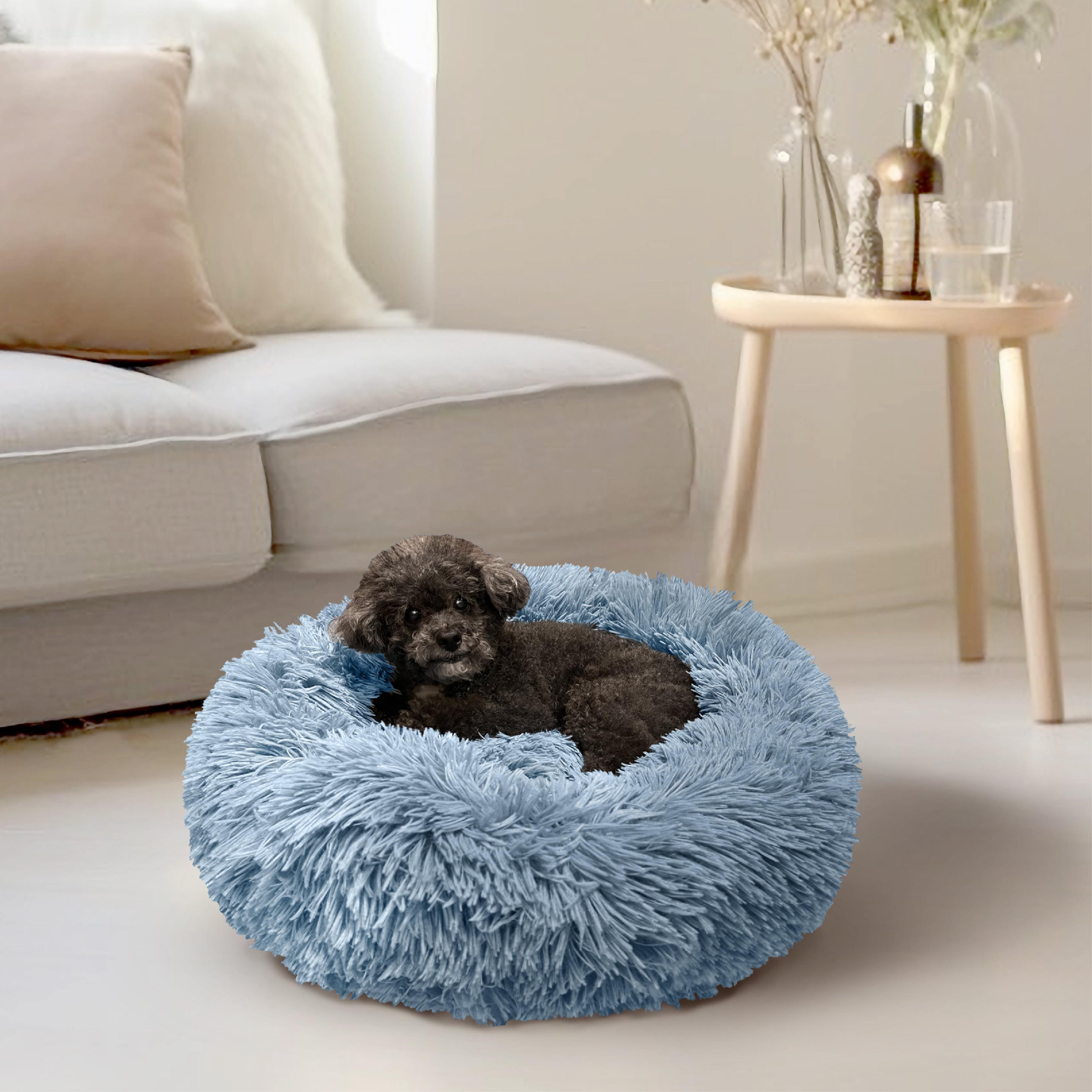 PetAmi Calming Dog Bed for Puppy Cat Kitten, Round Washable Pet Bed, Anti Anxiety Cuddler, Fluffy Plush Circular Donut Bed (Dusty Blue, Small - 23")