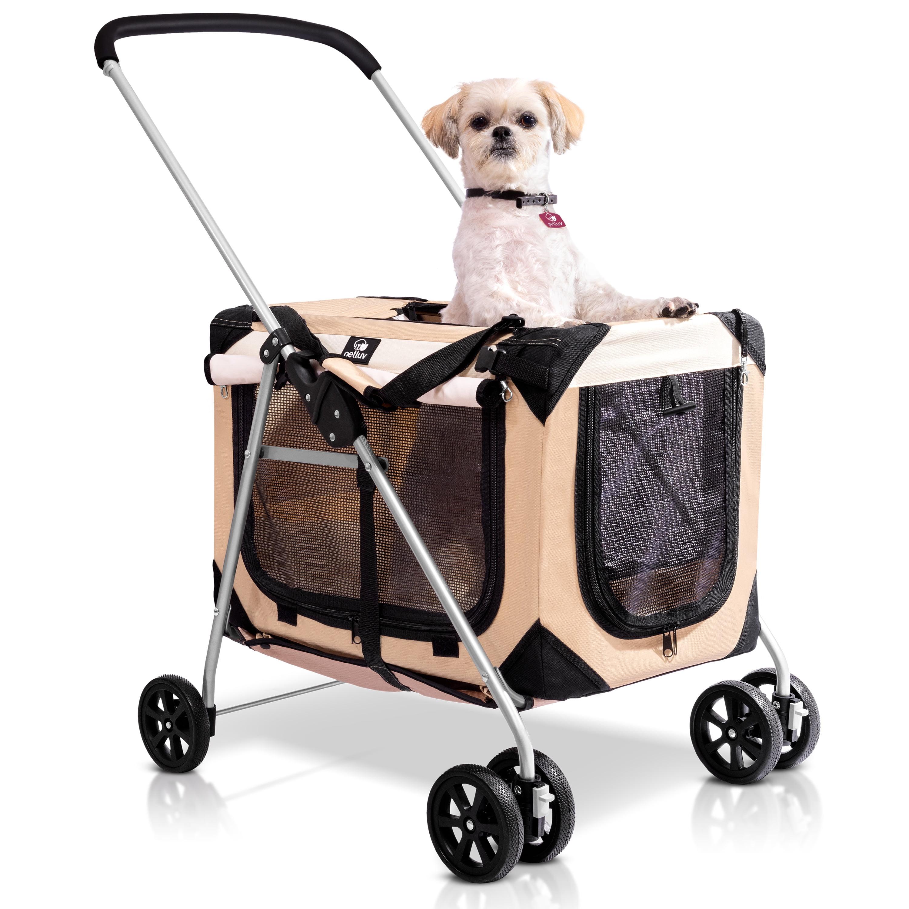 PetLuv Cat & Dog Stroller Foldable w/ Detachable Soft Pet Travel Carrier Fits 2 Cats or Medium Dog & Removable Plush Pillow Privacy Windows Tan