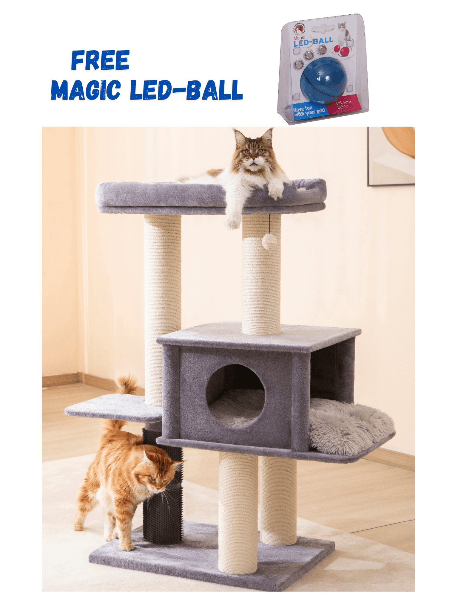 Extra Large Gray Sisal and Plush Cat Tree with LED Ball