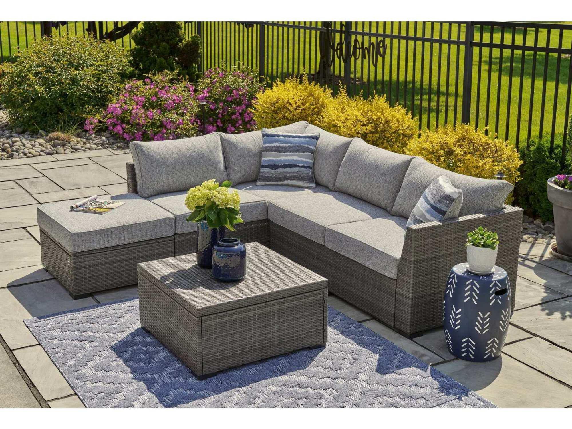 Gray Resin Wicker Outdoor Sectional Set with Ottoman and Table