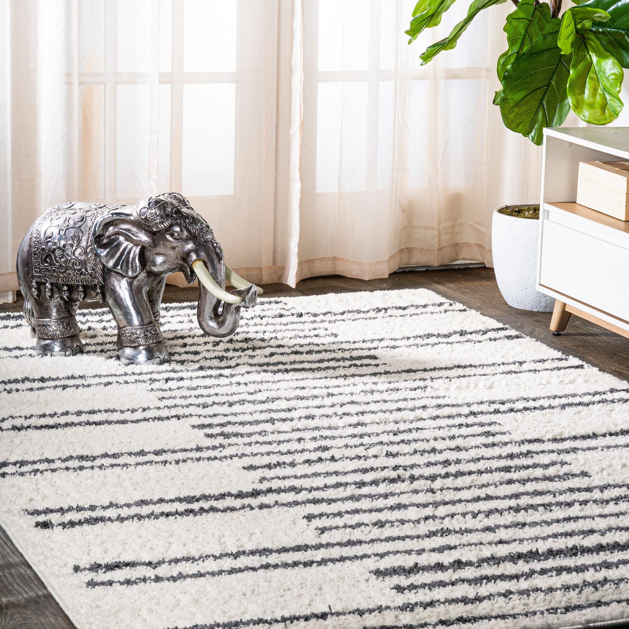 Ivory and Gray Striped Shag Area Rug 3 x 5