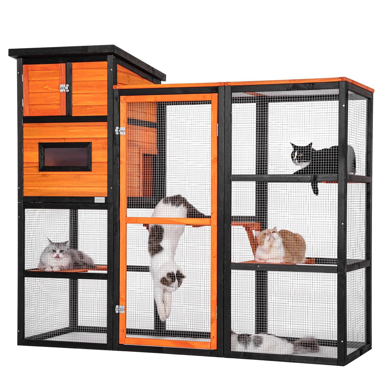 PETSFIT Outdoor Cat Catio 4 Tries, 2 Resting Room, 4 Platforms and Waterproof Roof, Outdoor Cat House ,Orange