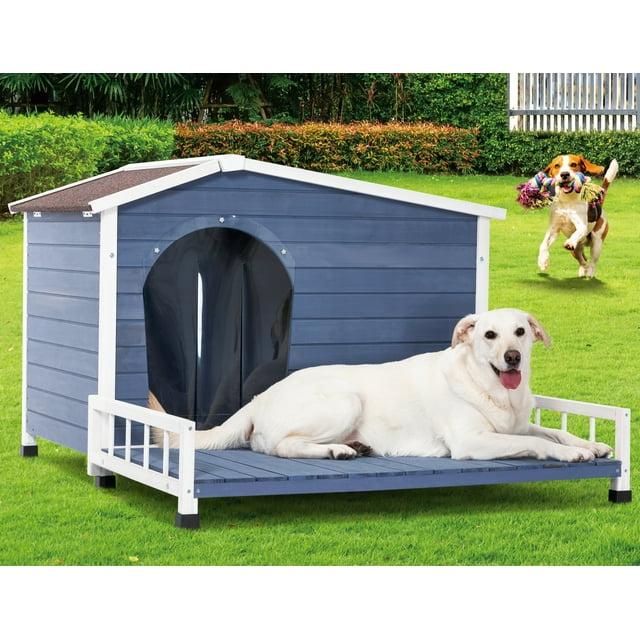 Petsfit Large Dog House with Terrace & Openable Asphalt Roof, 45" L x 54" W x33 H, XL Dog House Outdoor with Elevated Floor, Window & Door Flap, Outdoor Dog House for Large Dogs