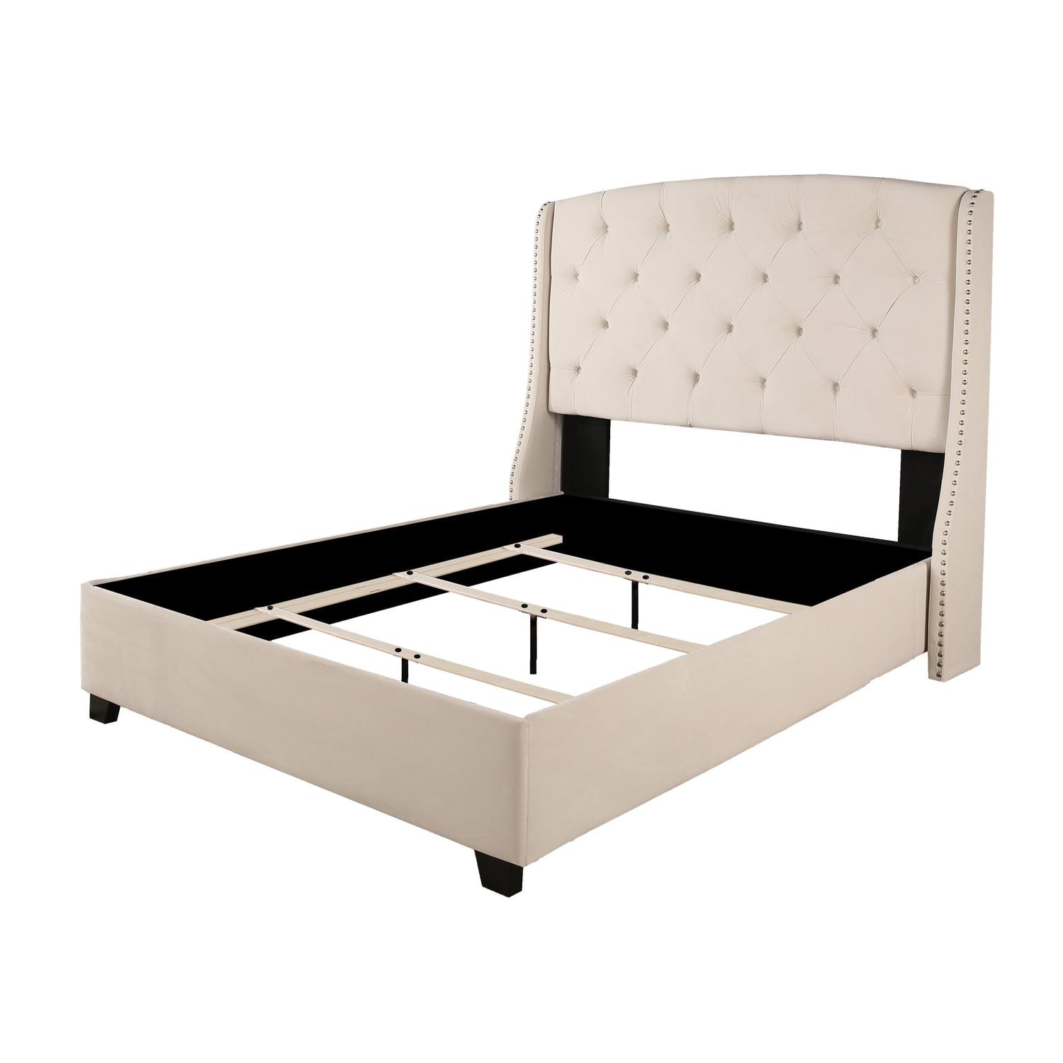 Peyton Ivory Tufted Upholstered Platform Bed with Nailhead Trim, Cal. King