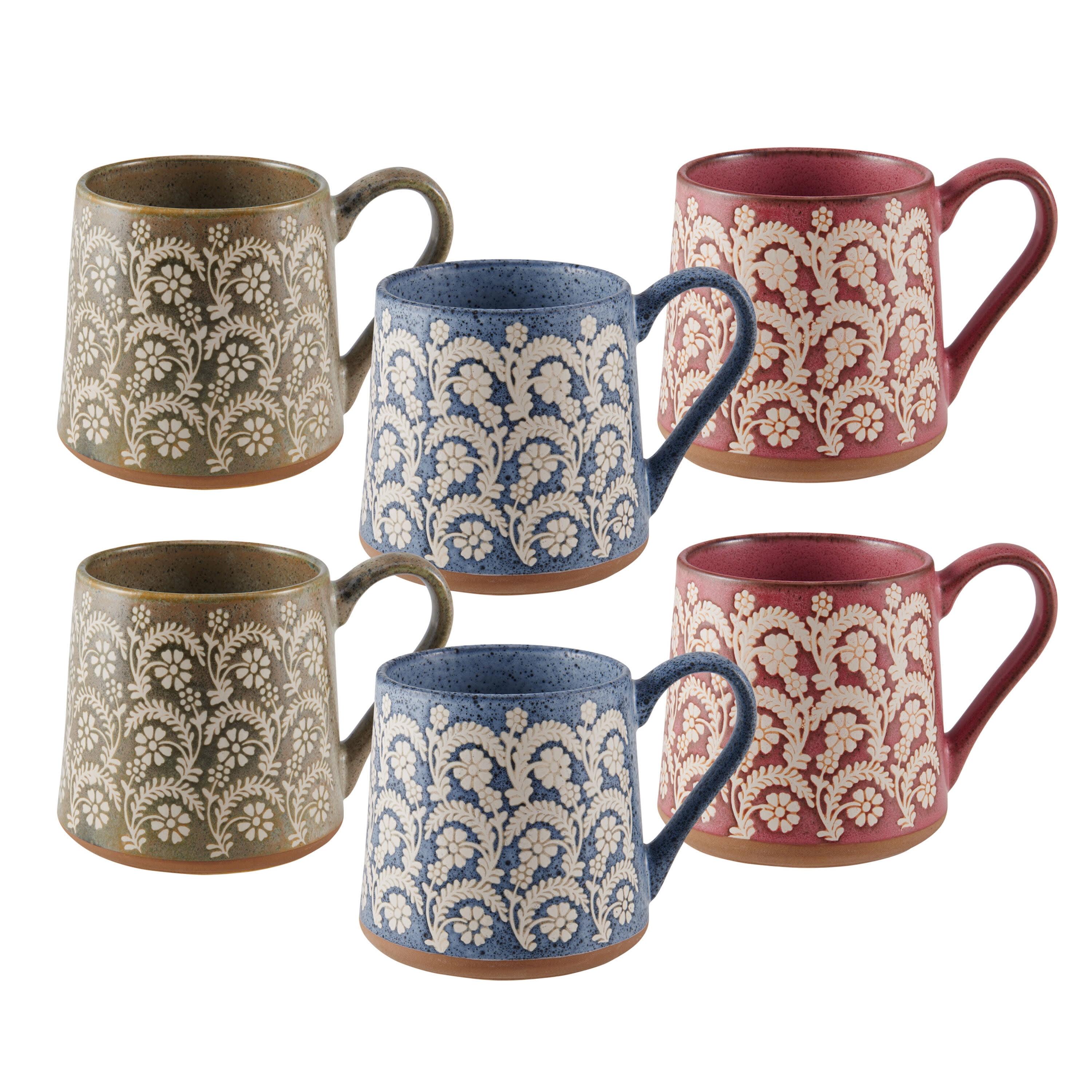 Set of 6 Blue, Red, and Green Ceramic Floral Mugs