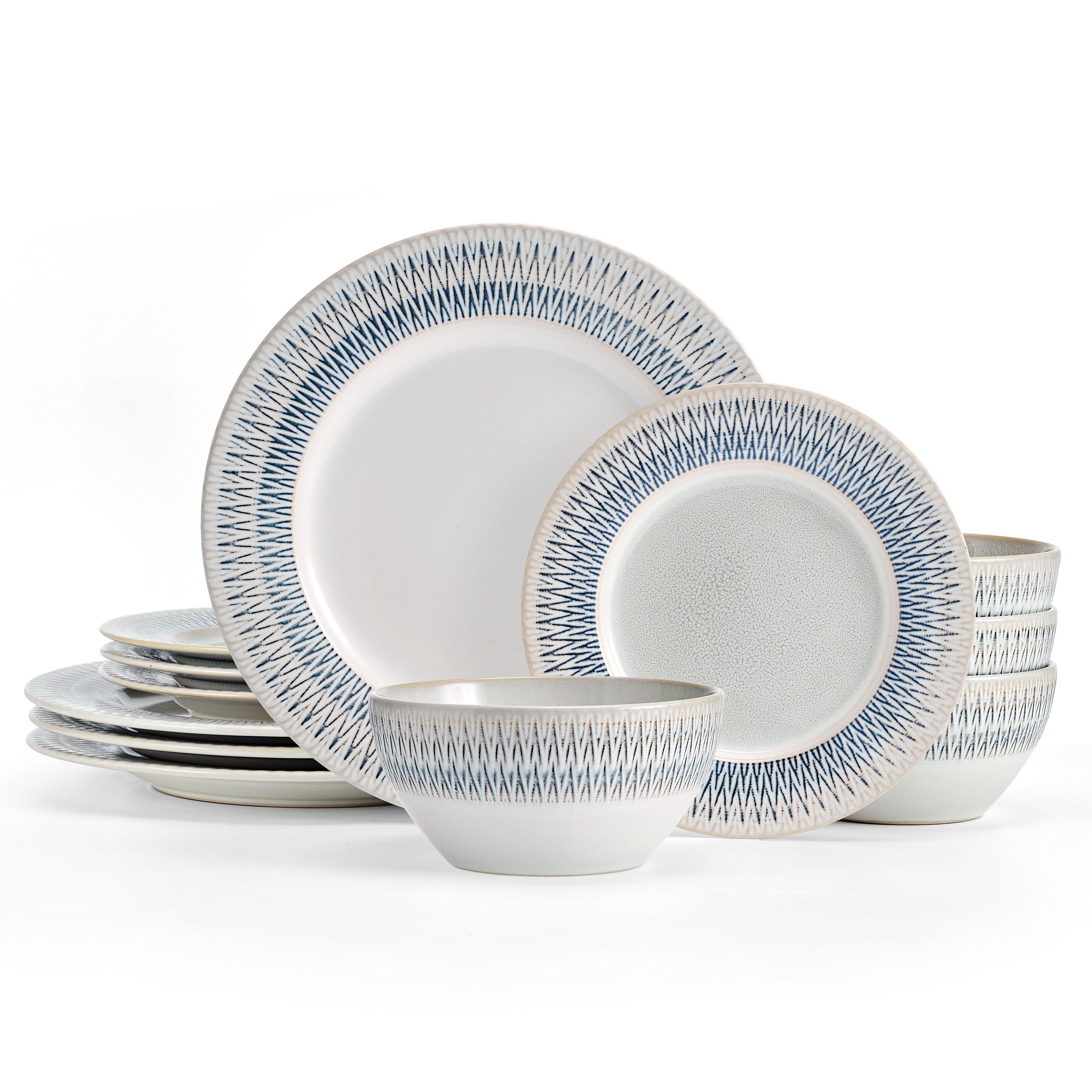 Casey White and Blue Ceramic 12-Piece Dinnerware Set