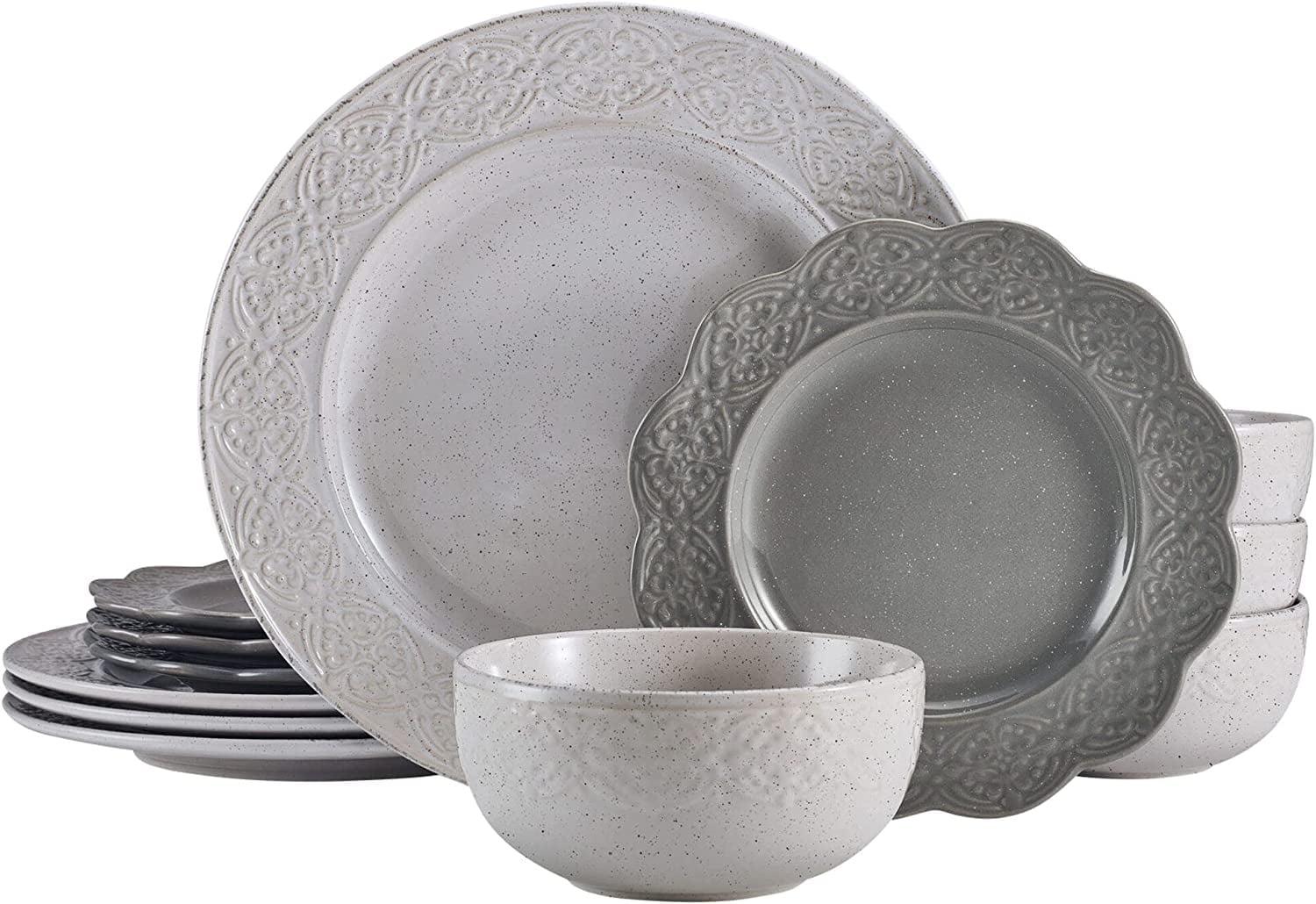 Gia 12-Piece Glossy Ceramic Dinnerware Set in White and Gray