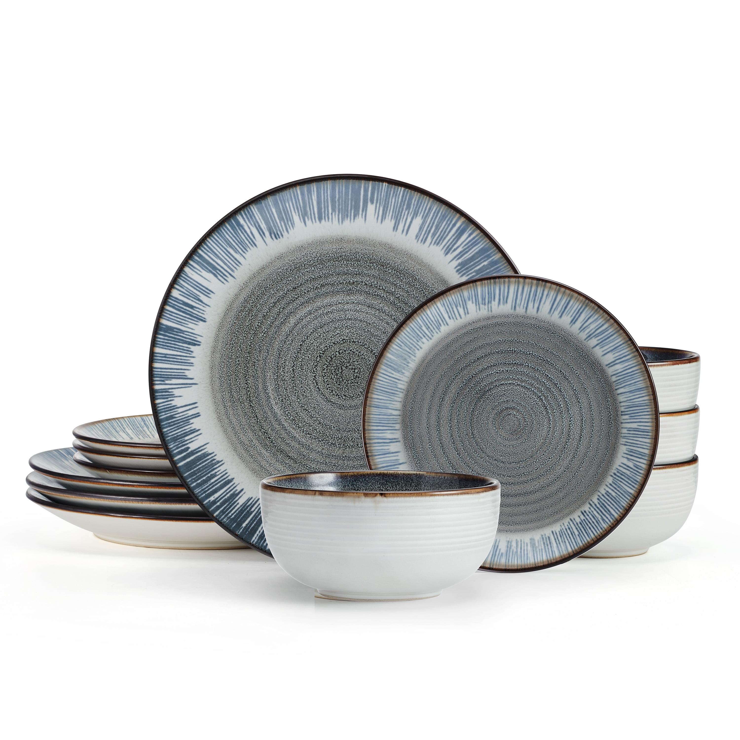 Rustic Gray and Blue Ceramic 12-Piece Dinnerware Set, Service for 4