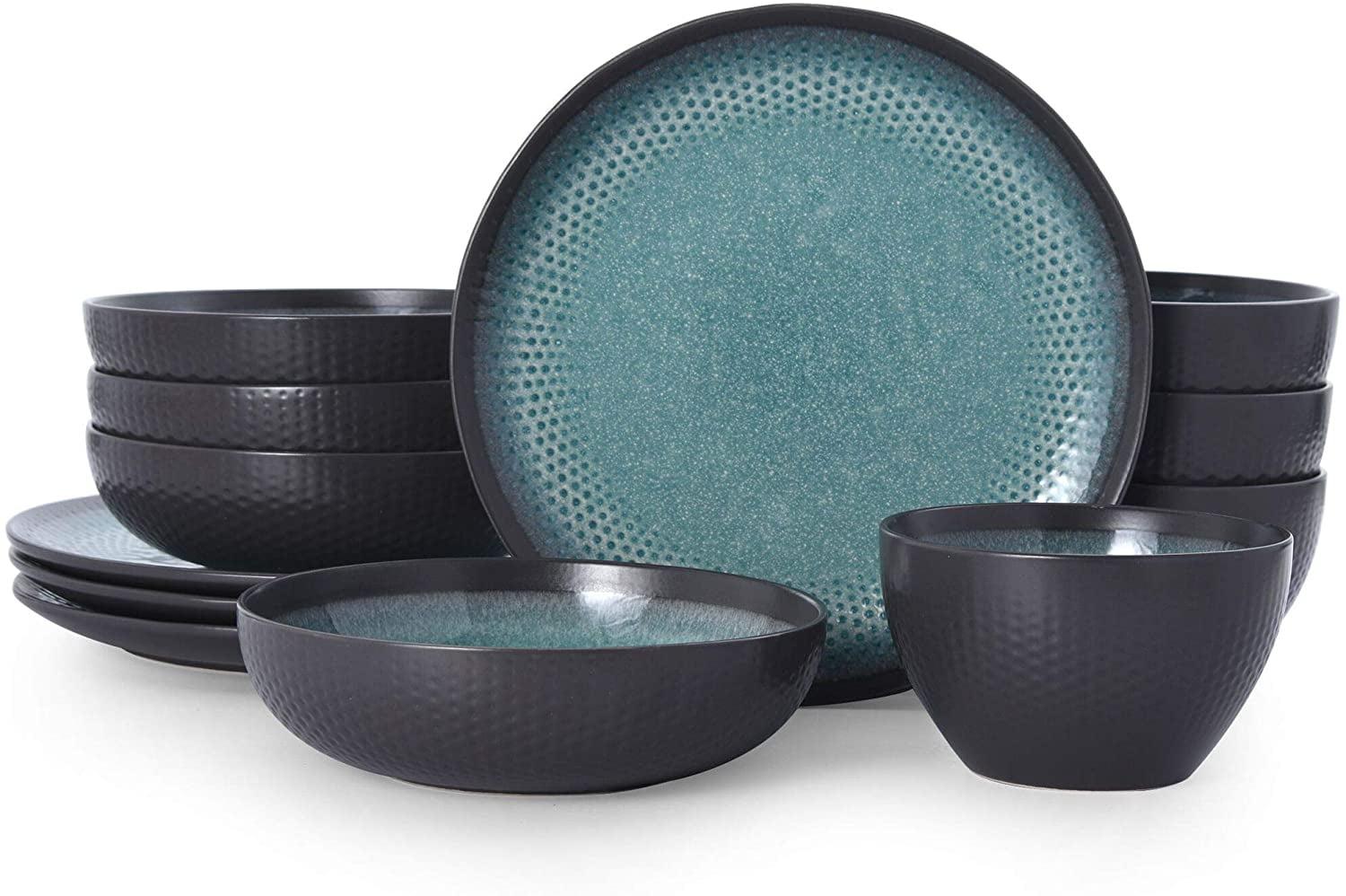 Maddox Teal and Black Variegated Glaze 12-Piece Dinnerware Set