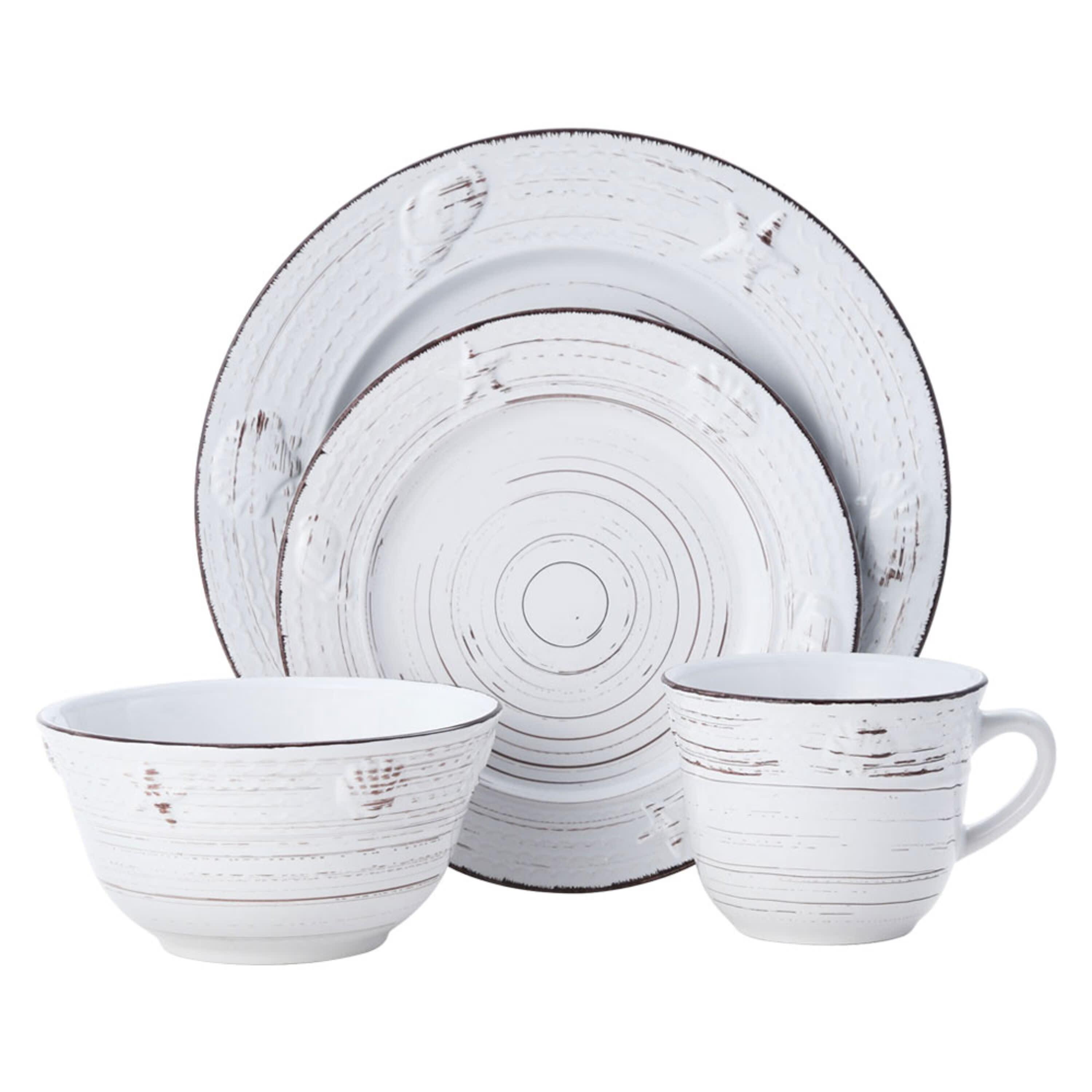 White 16-Piece Dinnerware Set, Service for 4, Distressed White