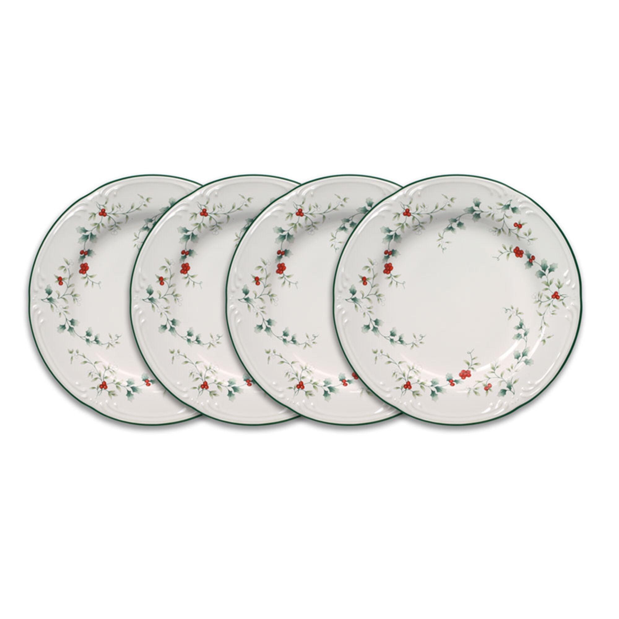 Winterberry 8-Inch White Ceramic Salad Plates with Green and Red Accents, Set of 4