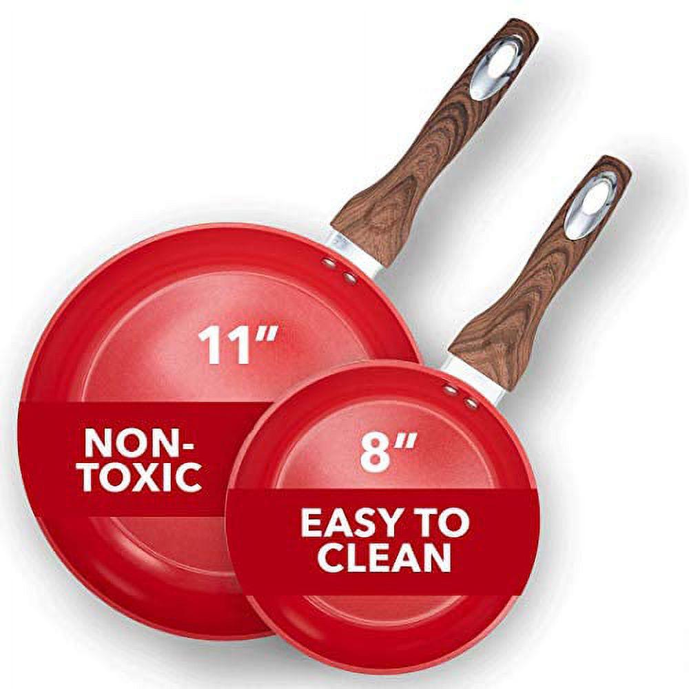 Phantom Chef 8” & 11” Frypan with Wood Handle and Aluminum Body – Red