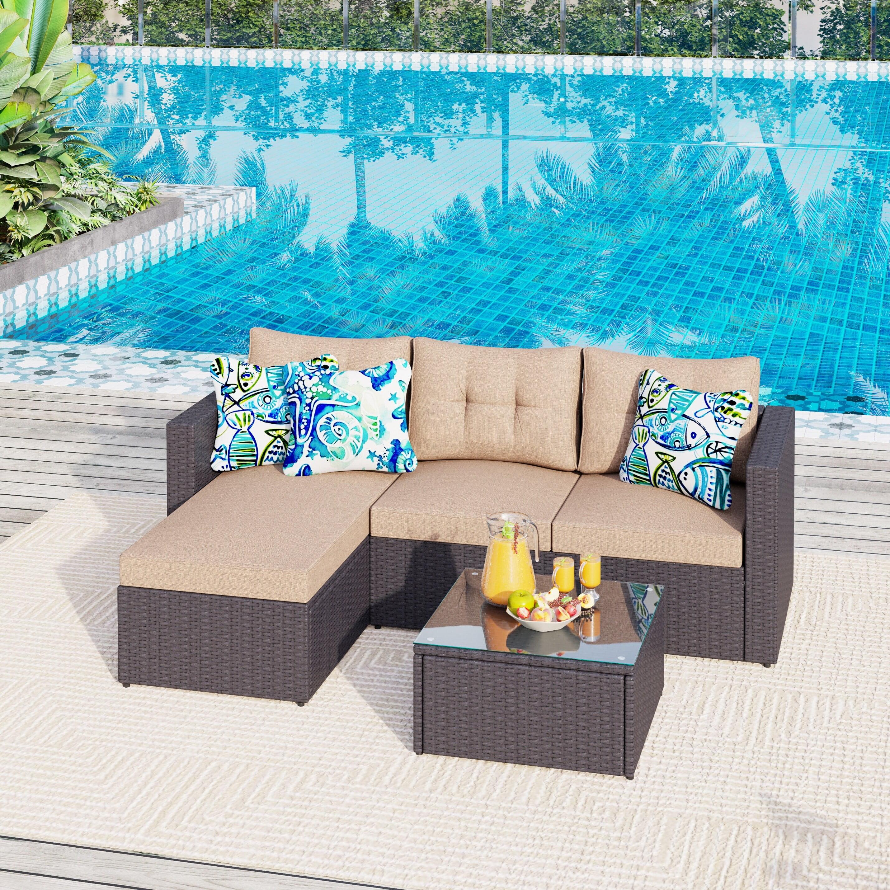 Beige 5-Piece Rattan Wicker Outdoor Sectional Sofa Set