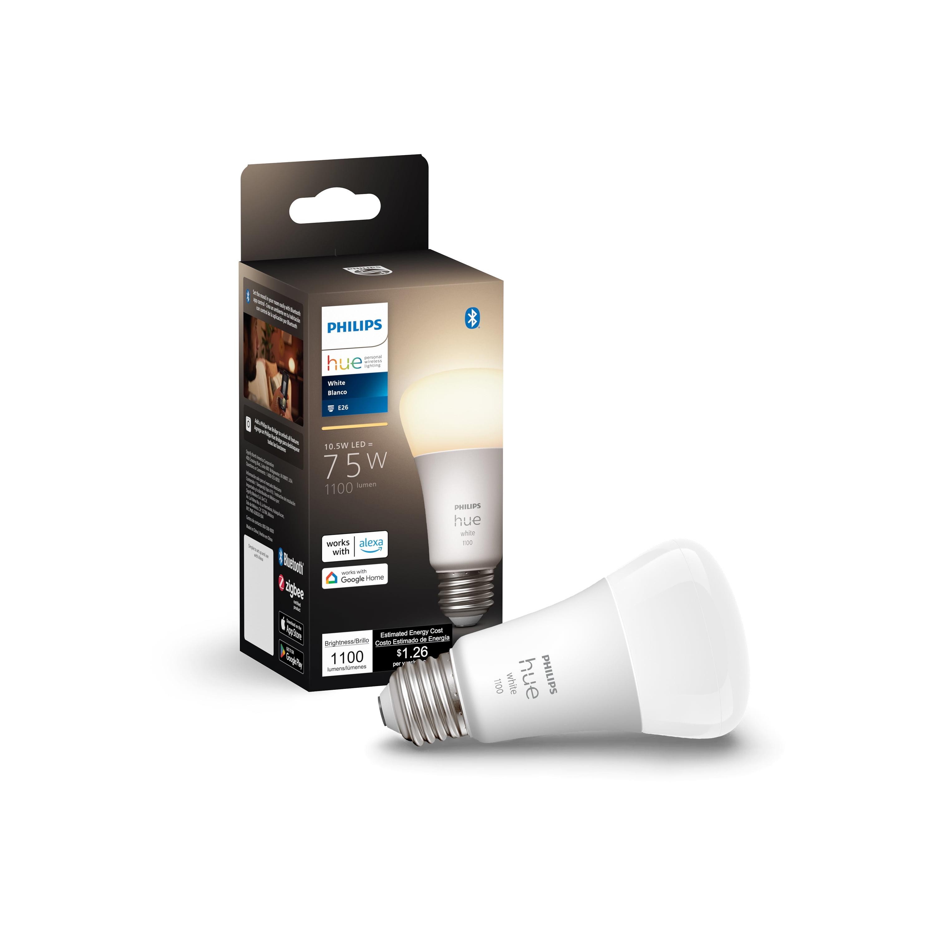 Philips Hue A19 75W Smart LED Bulb White: Dimmable, Smartphone Controlled, 1100 Lumens, Energy Star Certified