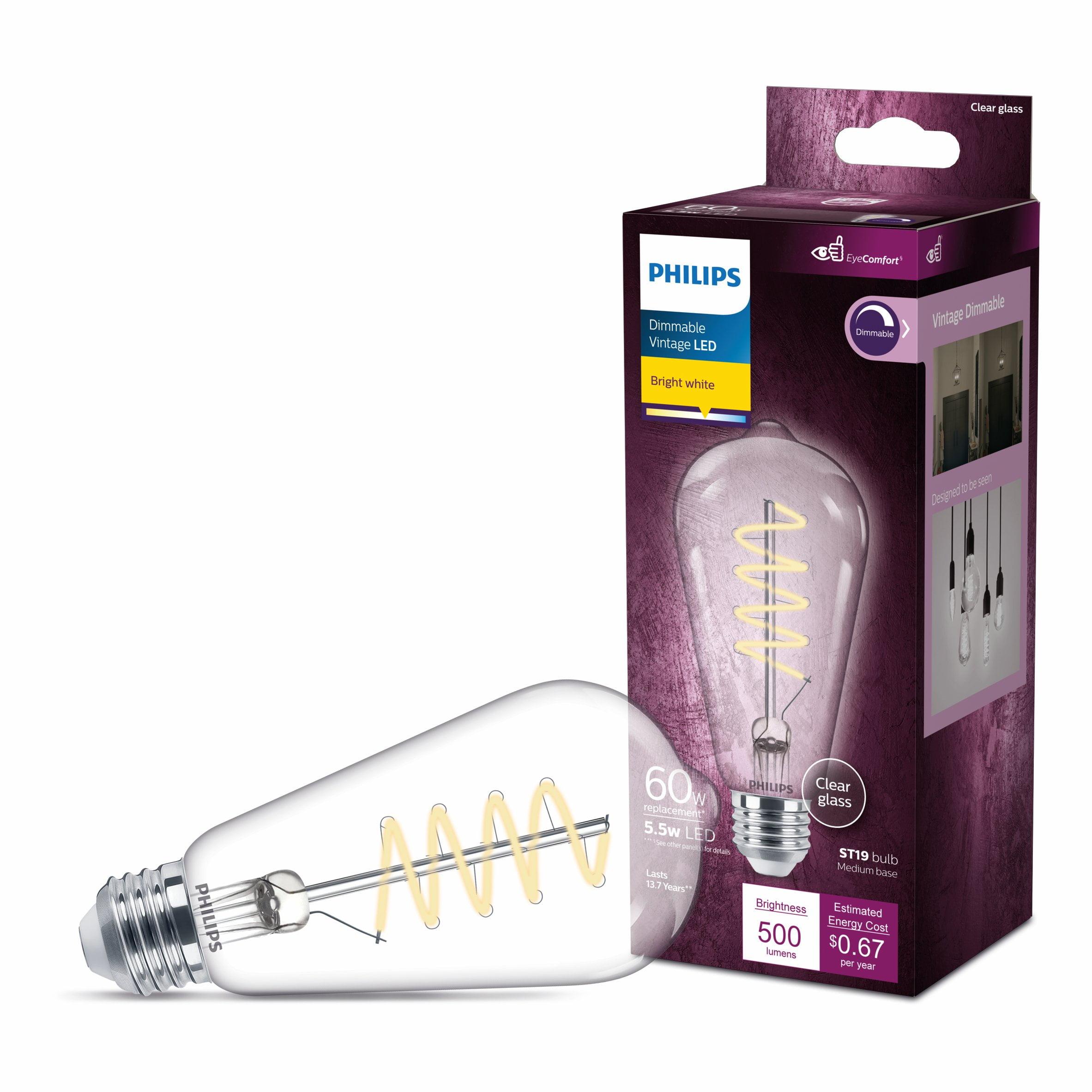 Philips LED 60-Watt ST19 Straight Tubular Filament Lightbulb, Clear Bright White, Dimmable, E26 Medium Base (1-Pack):