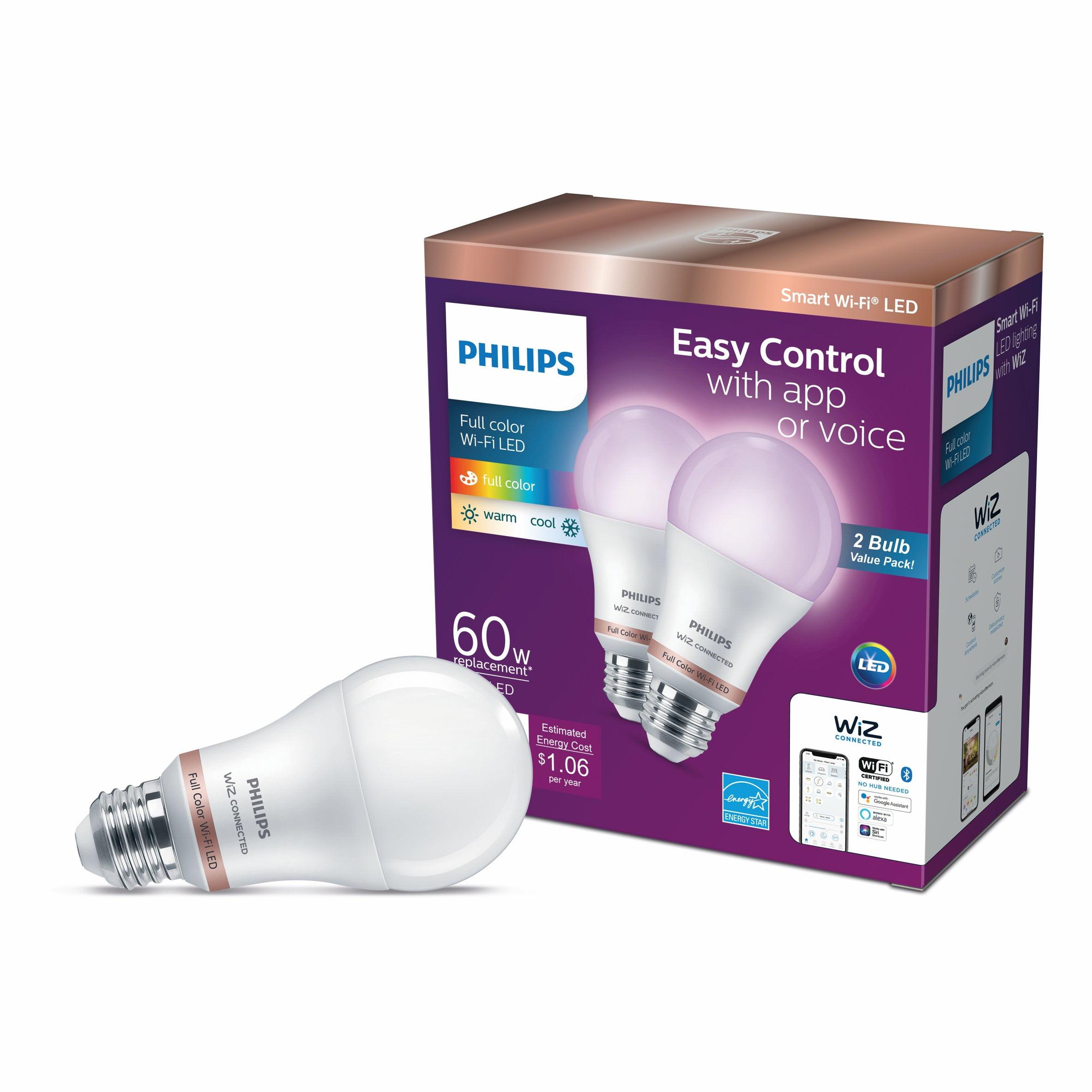 Philips 2pk 8.8W Smart LED Wi-Fi and Bluetooth A19 Color: Energy Star, Dimmable, 800 Lumens, Apple HomeKit Compatible