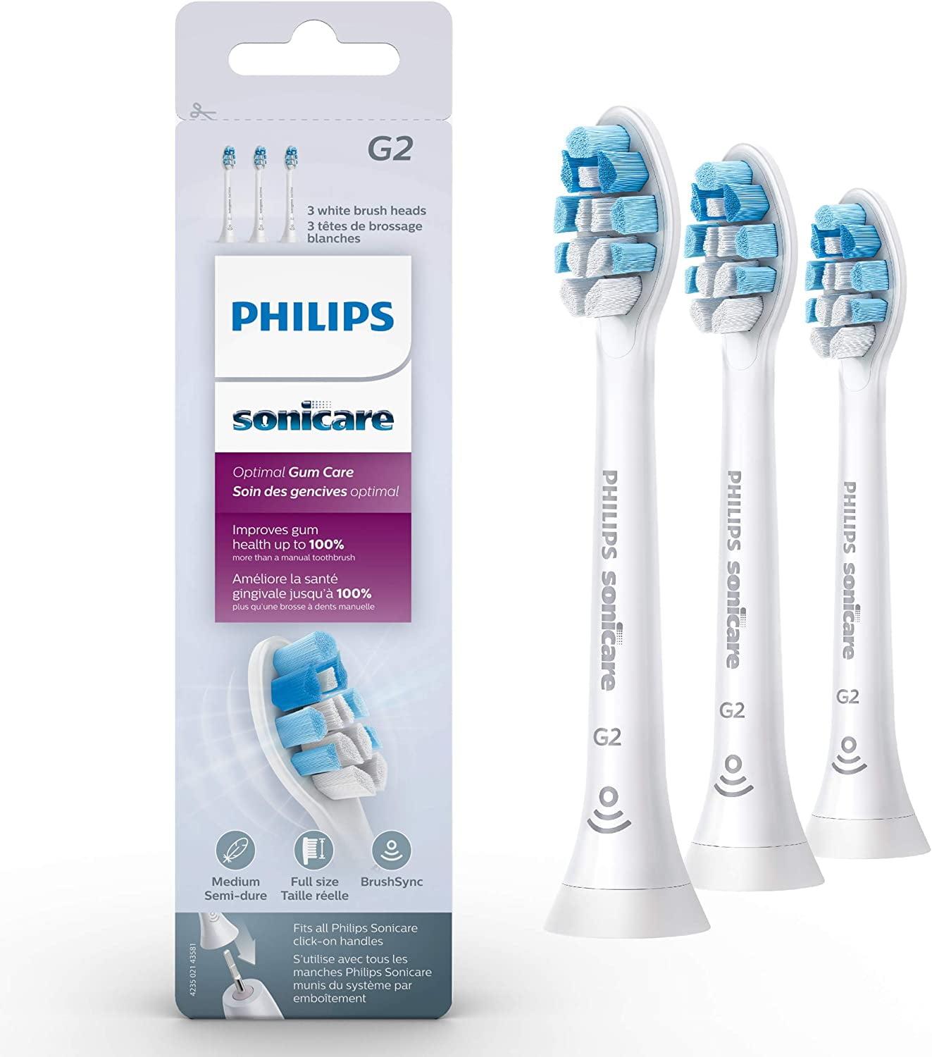 Philips Sonicare G2 Optimal Gum Care Brush Heads, Genuine Replacement Toothbrush Heads, White, 3 Pack, HX9033/65