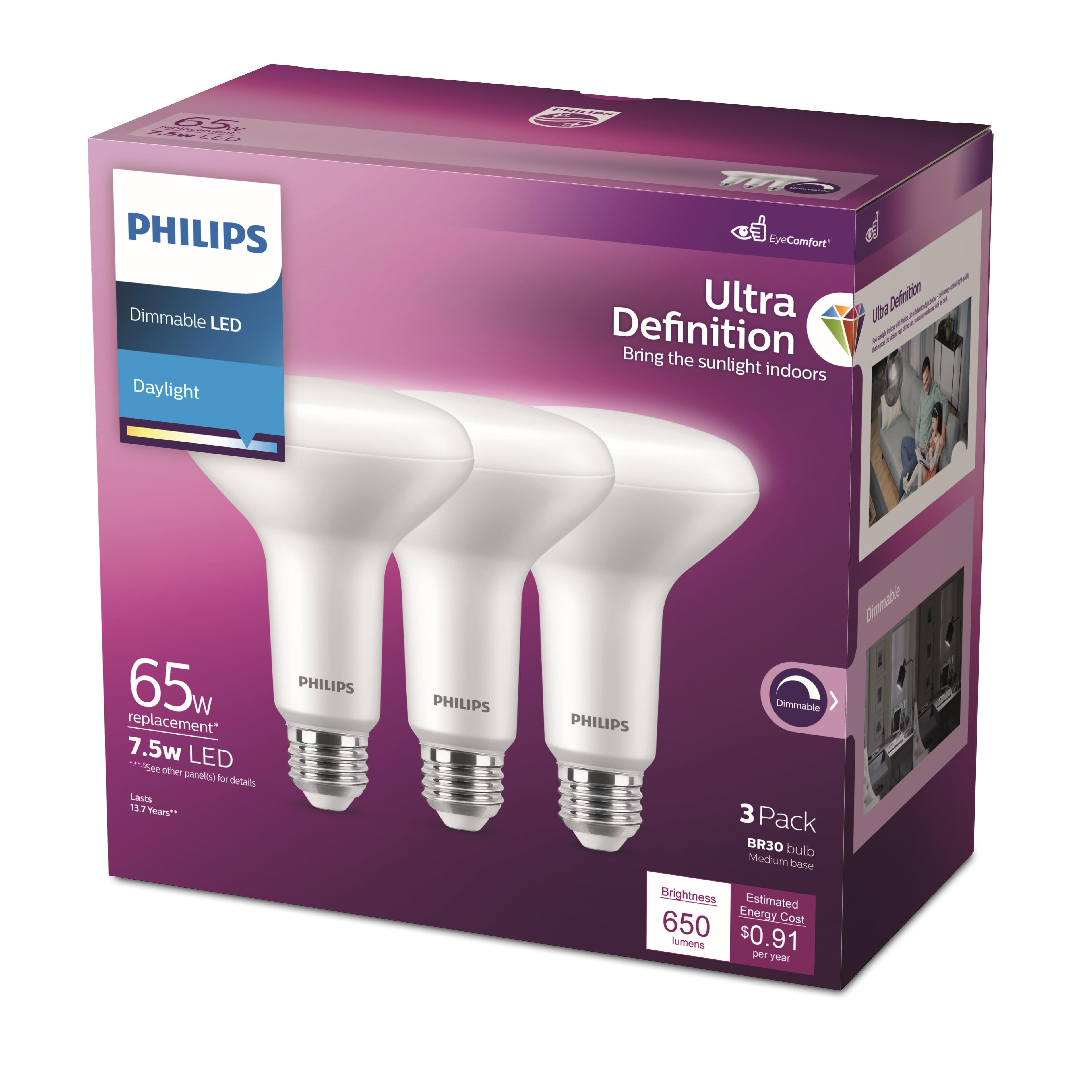 Philips UltraDef LED 65W Daylight BR30 3P: Dimmable Energy Star Certified Light Bulbs, 5000K, 650 Lumens, 3 Pack