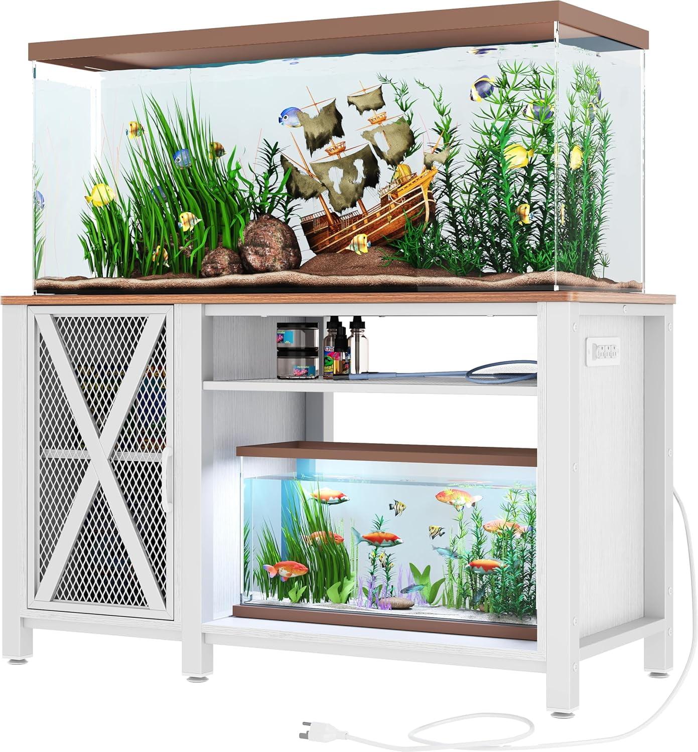 White and Brown Metal Aquarium Stand with Storage Cabinet