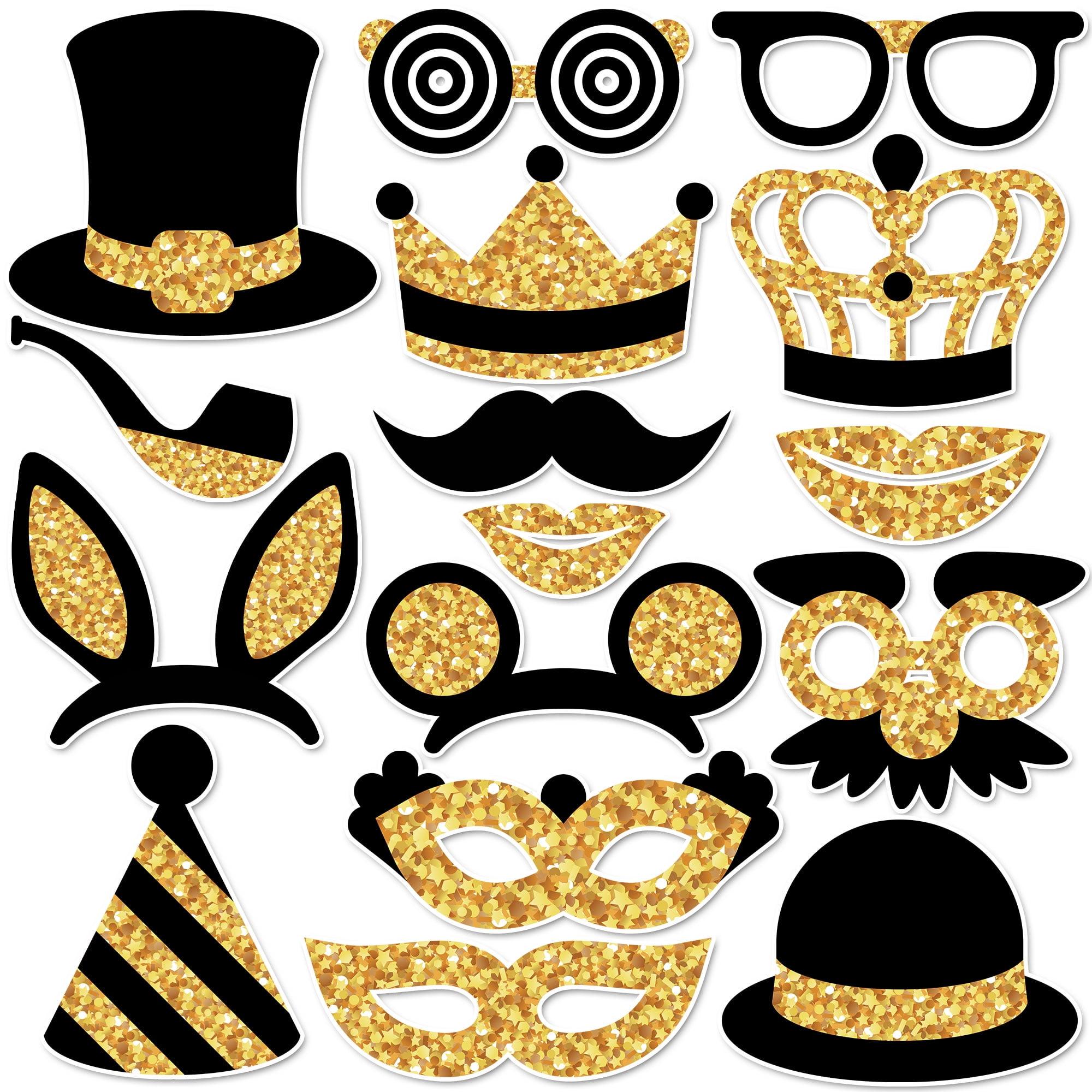 Photo Booth Props Kit, 16 Pcs Black & Gold Party Accessories by PixiPy