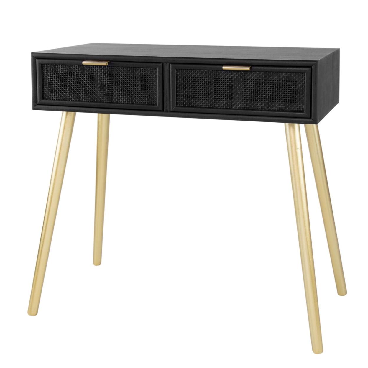 Jet Black Pine & Rattan Console Table with Mirrored Glass, 32"