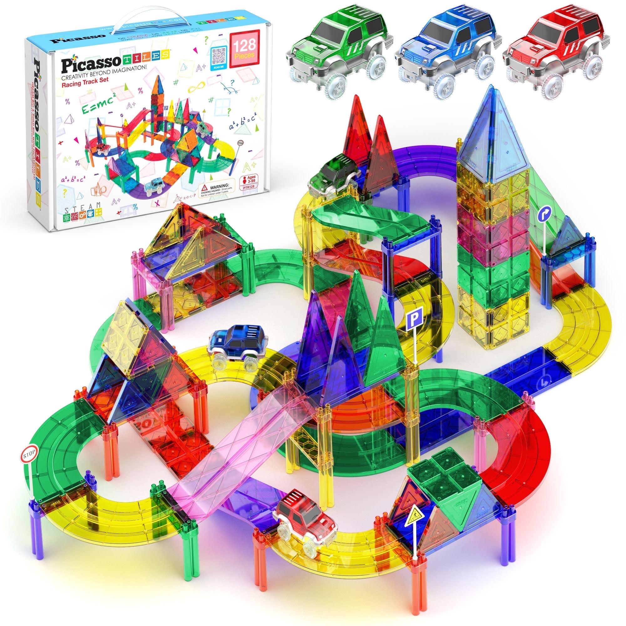 PICASSO-TILES Race Track Magnetic Tiles for Kids, 128PCS with 3 Racing Cars, Construction STEM Building Blocks Educational Toy