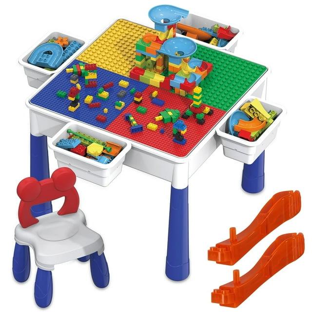 PICASSO-TILES 581 Pc Large Bricks Building Blocks with Marble Run, Table and Chair Activity Set for Kids 3+