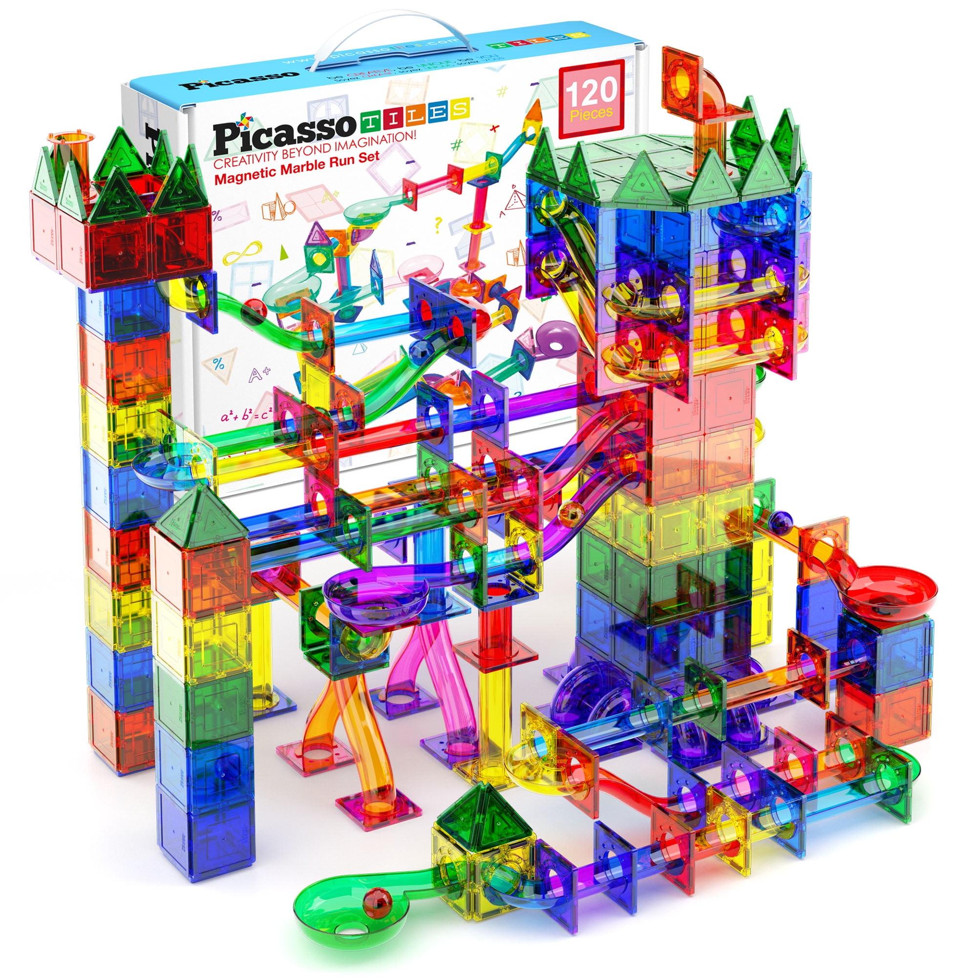 PICASSO-TILES Marble Run Race Track Set,  Magnetic Tiles, Building Blocks, STEM Toys for Kids, 120pc