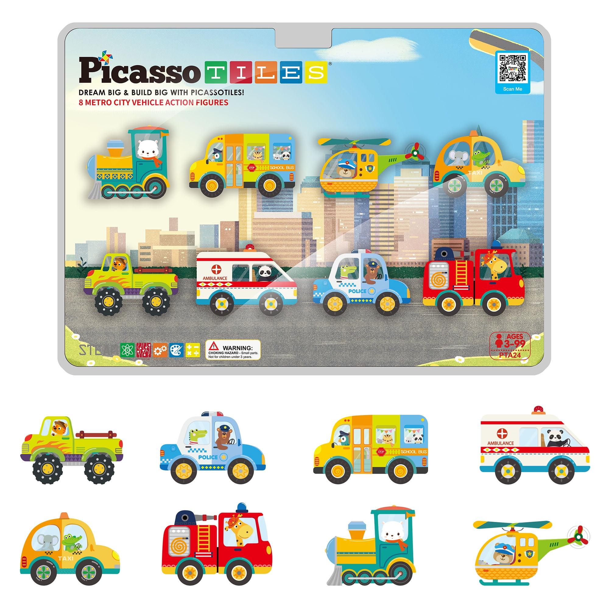 Picasso-TILES 8 PC Metro City Vehicle Themed, Magnetic Tiles, Building Blocks, STEM Toys for Kids 3+