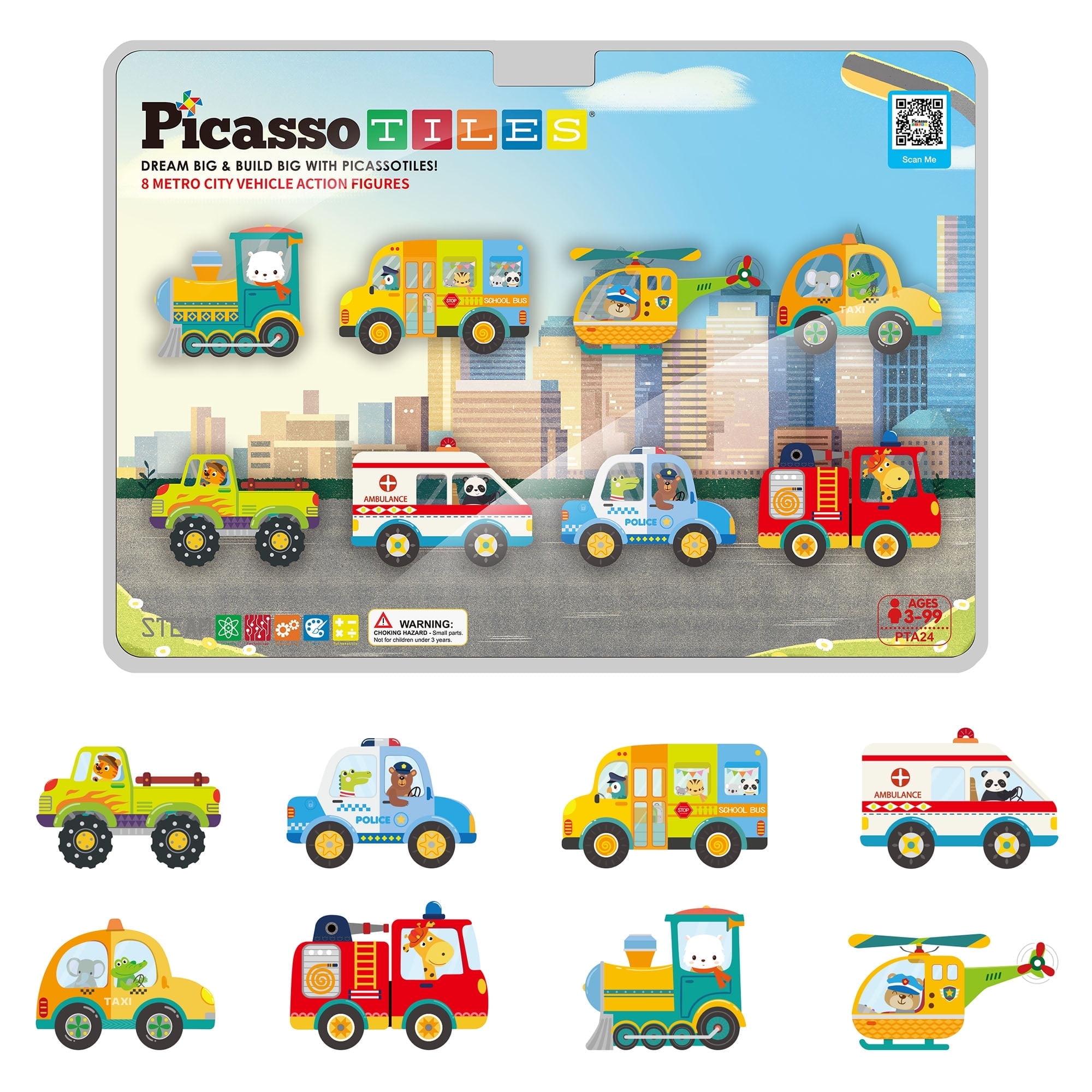 Picasso-TILES 8 PC Metro City Vehicle Themed, Magnetic Tiles, Building Blocks, STEM Toys for Kids 3+