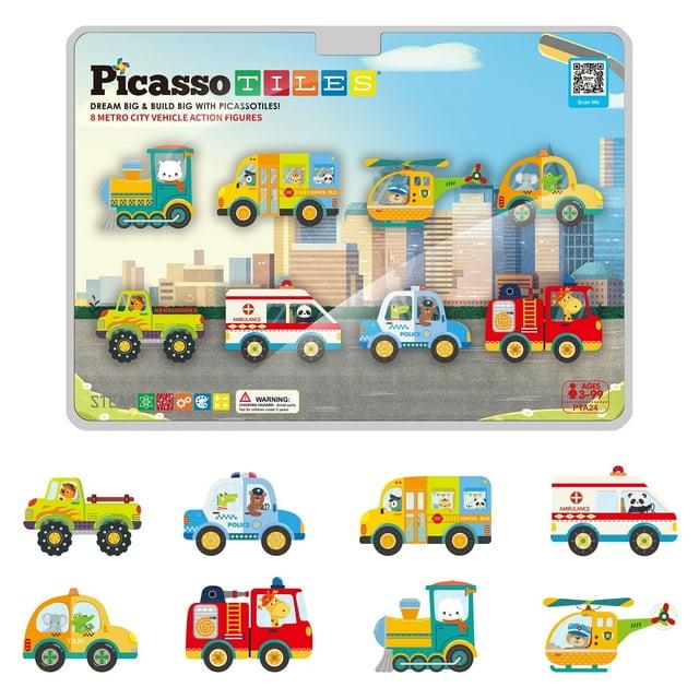 Picasso-TILES 8 PC Metro City Vehicle Themed, Magnetic Tiles, Building Blocks, STEM Toys for Kids 3+