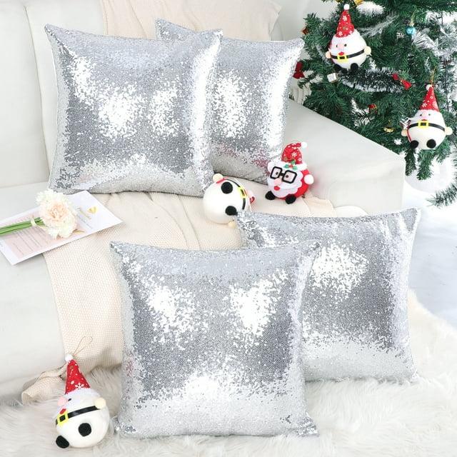 PiccoCasa 4 Pcs Sequin Throw Pillow Covers, Decorative Cushion Covers for Sofa Car Seat, 18"x18" Silver