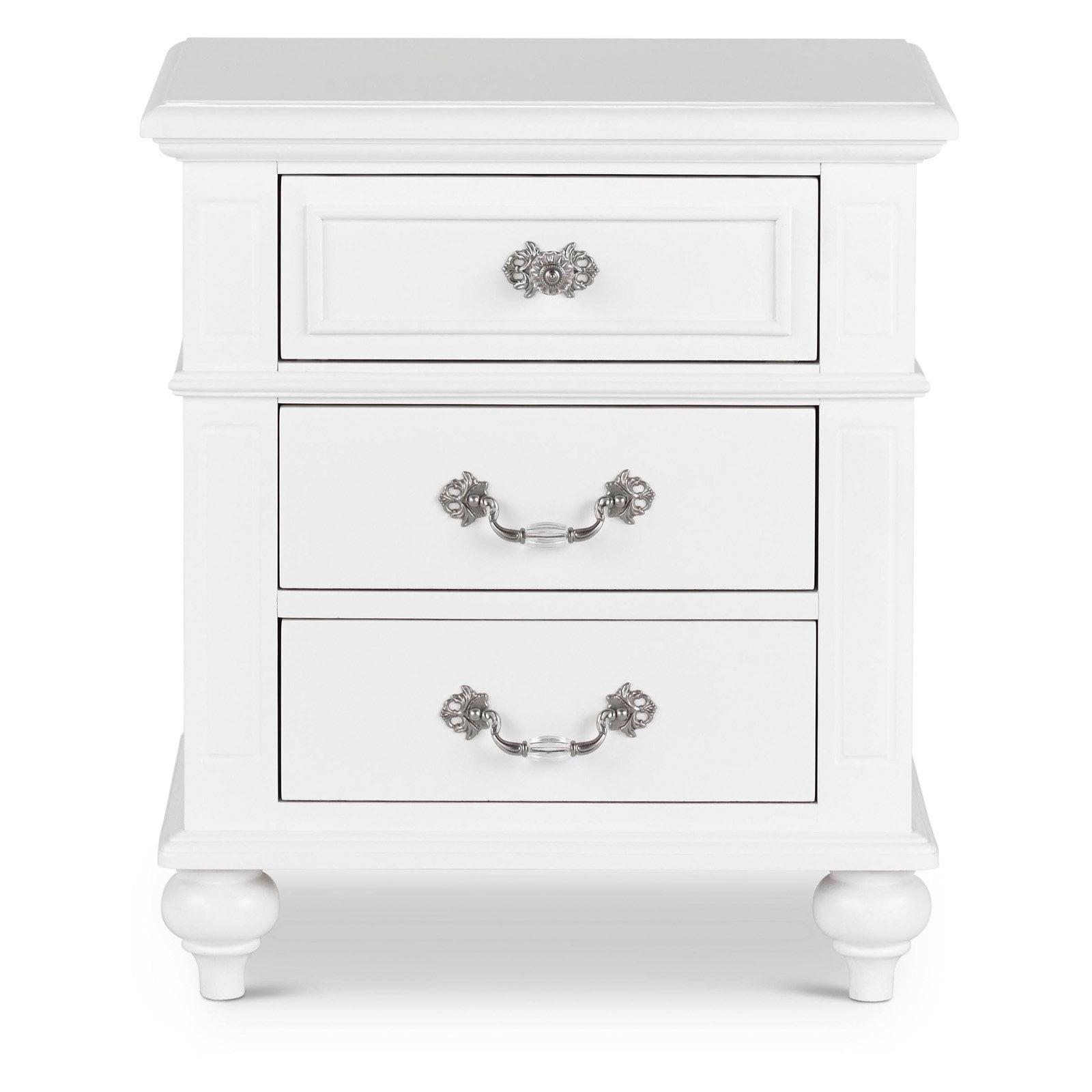 Charming French Country 3-Drawer White Nightstand with Crystal Knobs