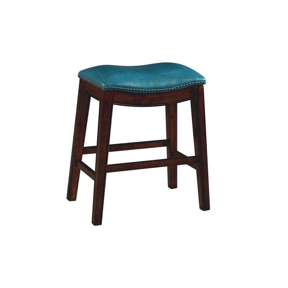 Transitional Blue Leather Saddle Counter Stool with Nailhead Trim