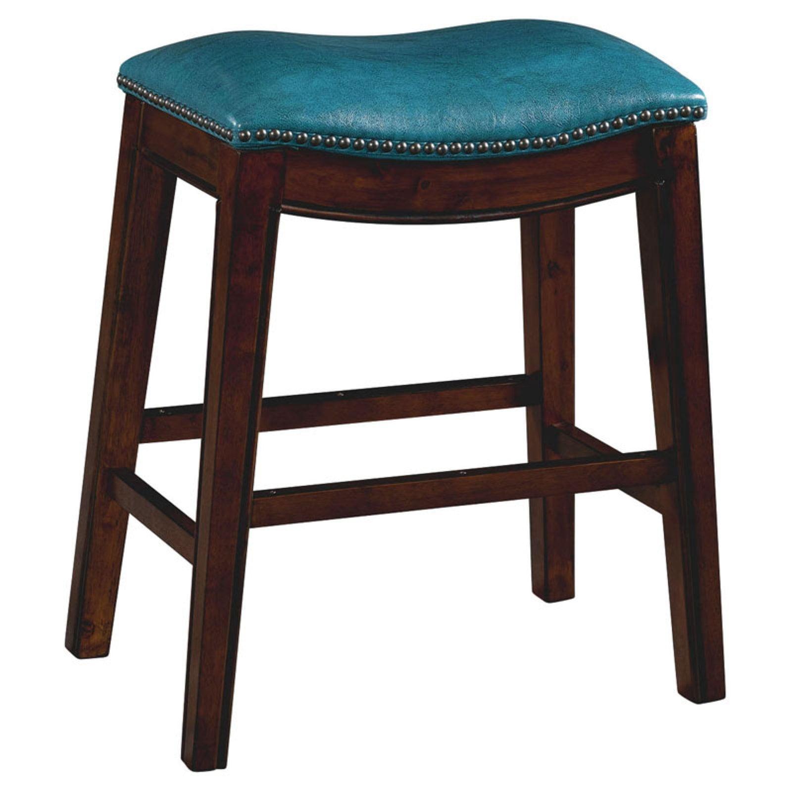 Transitional Blue Leather Saddle Counter Stool with Nailhead Trim