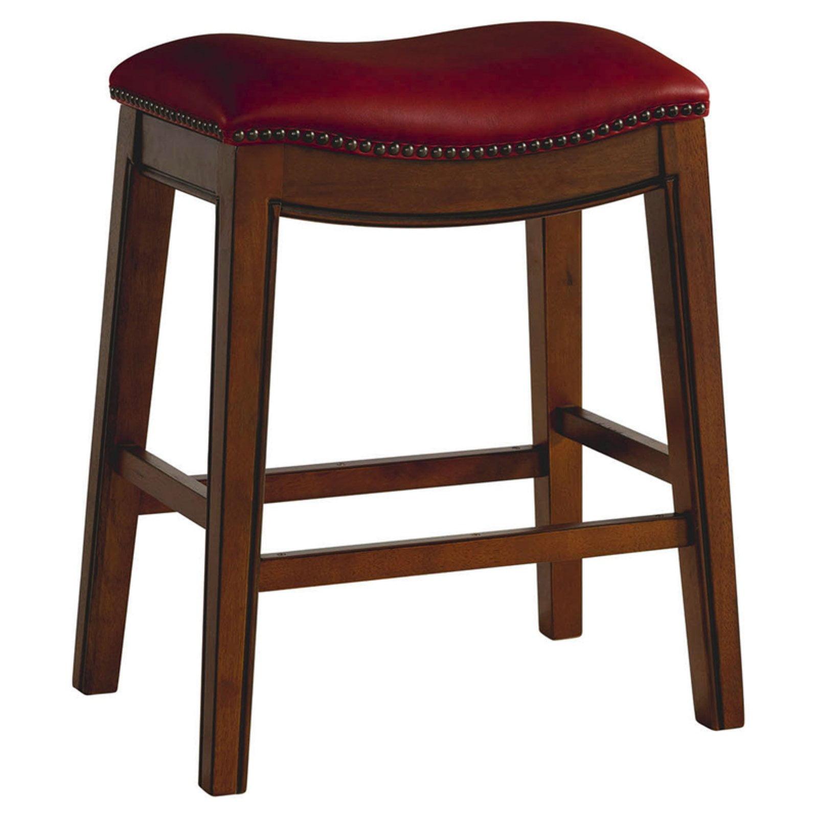 Transitional Red Leather & Wood 24" Saddle Counter Stool