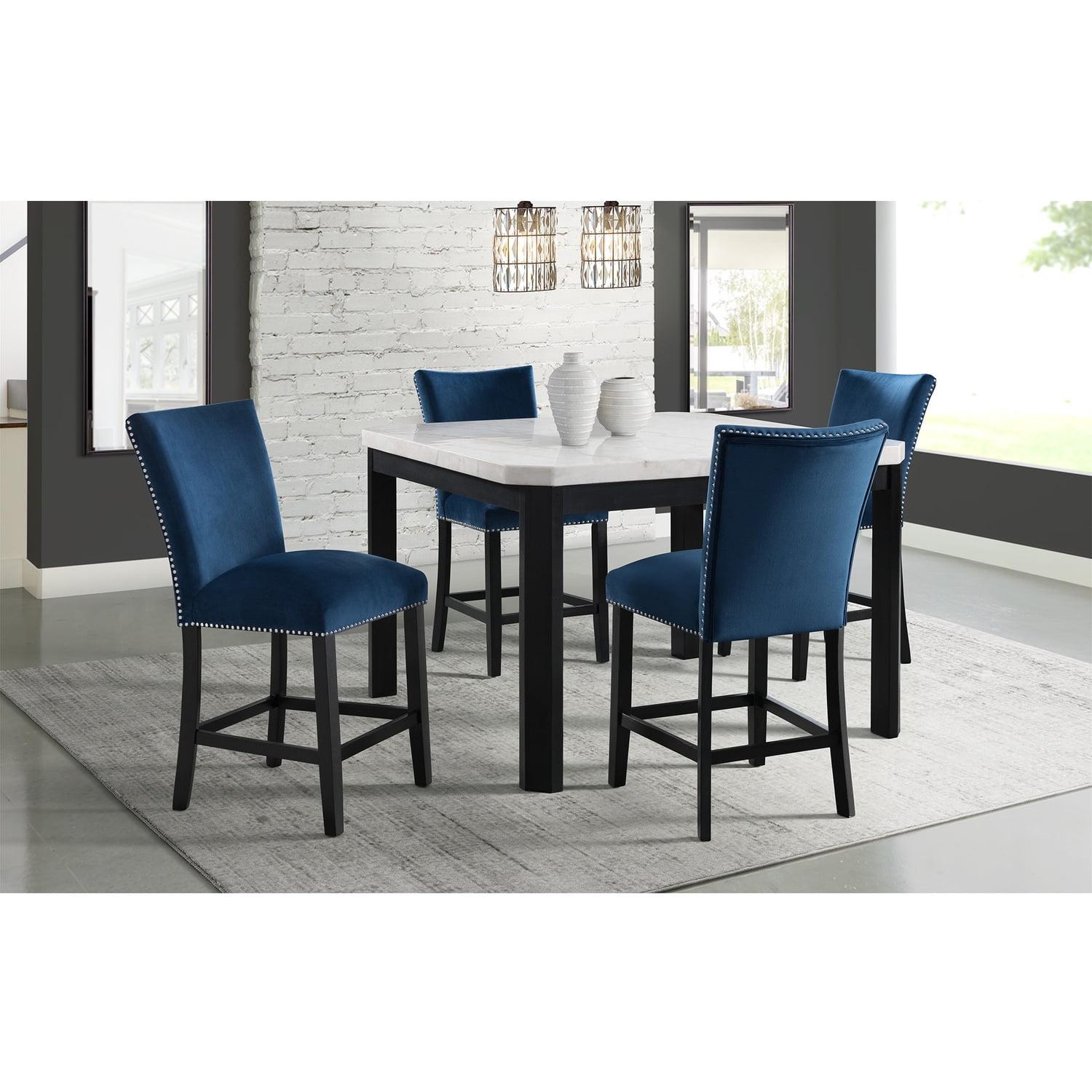 Celine White Marble Counter Height Dining Set with Blue Velvet Chairs