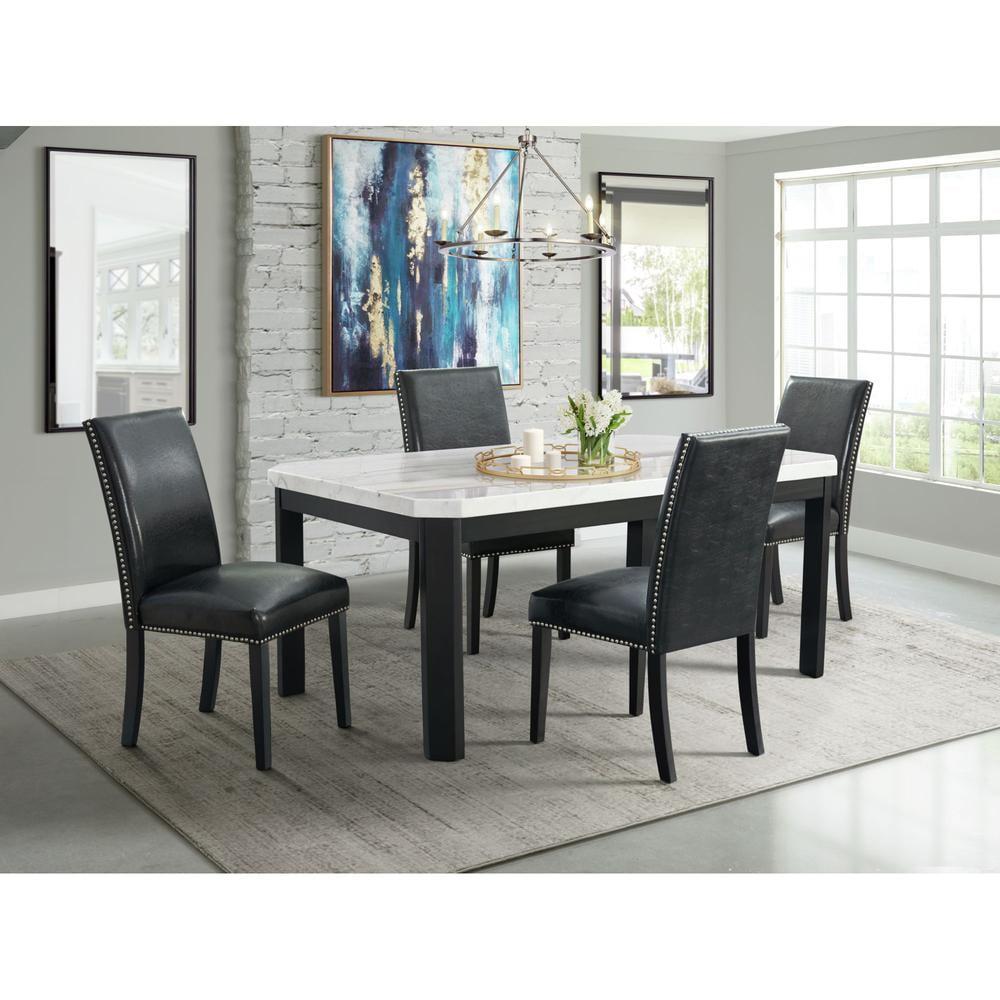 Picket House Celine White Marble 5PC Dining Set with 4 Black Faux Leather Chairs