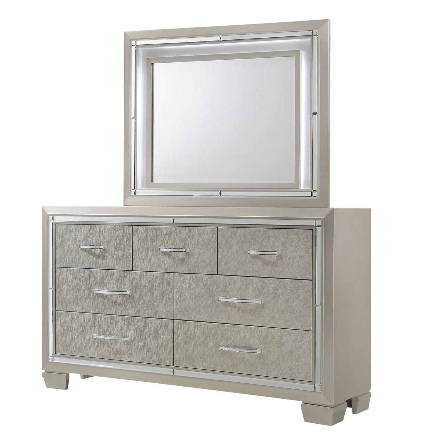 Champagne Double Dresser with Mirror and Crystal Handles