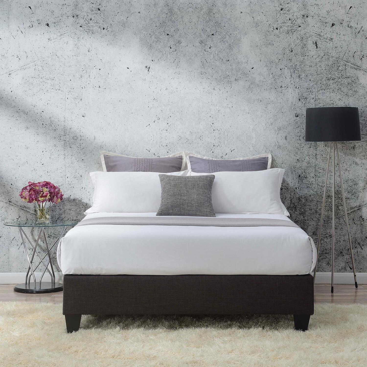 Transitional Gray Queen Platform Bed with Faux Leather Headboard