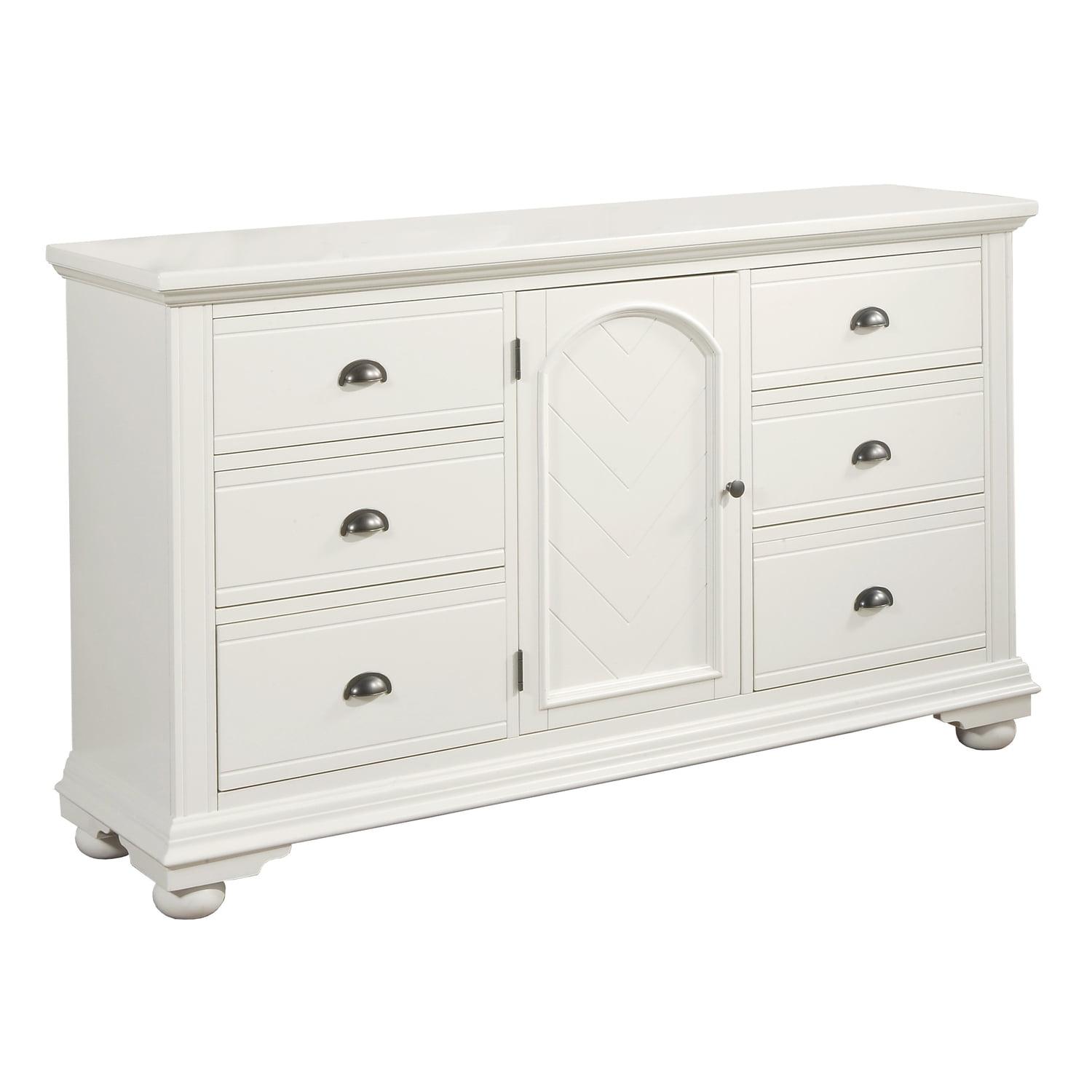 White 63" Hardwood 6-Drawer Cottage Dresser with Chevron Veneers